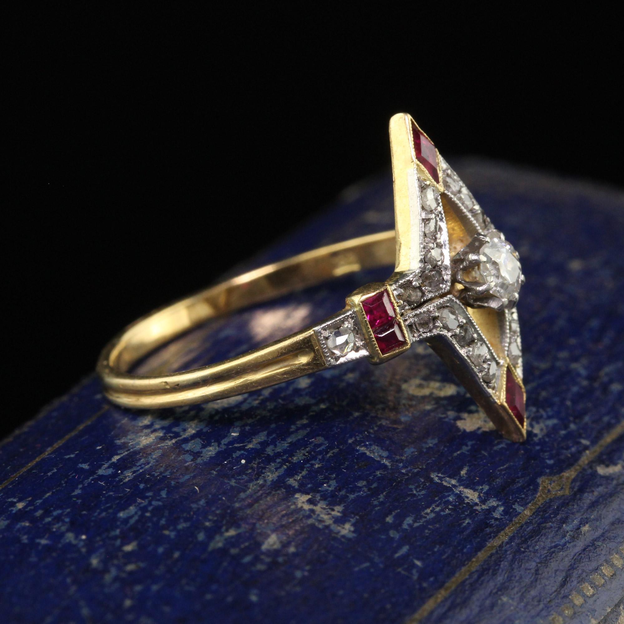 Antique Edwardian 18K Yellow Gold Platinum Old Cut Diamond Ruby Ring In Good Condition In Great Neck, NY