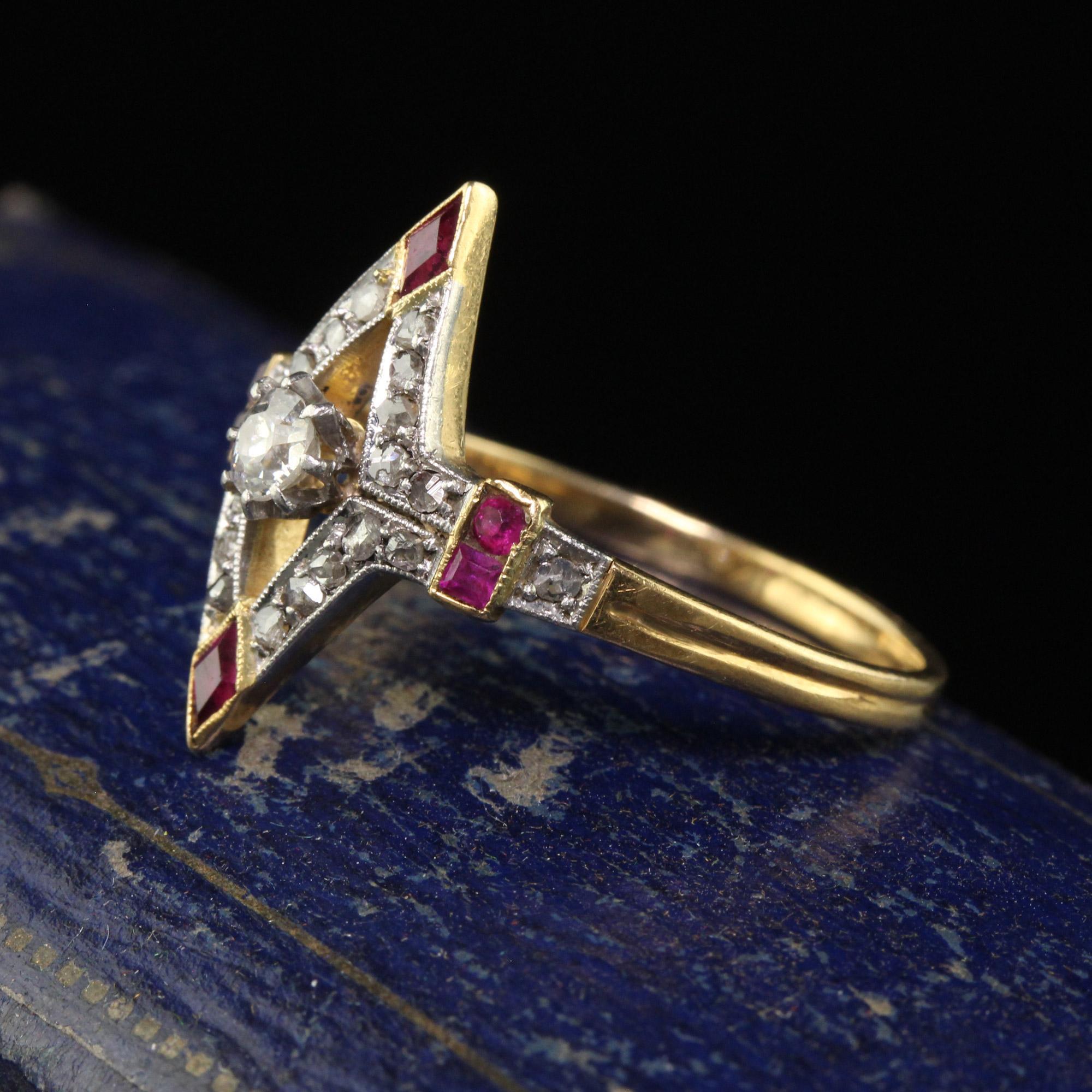 Women's Antique Edwardian 18K Yellow Gold Platinum Old Cut Diamond Ruby Ring
