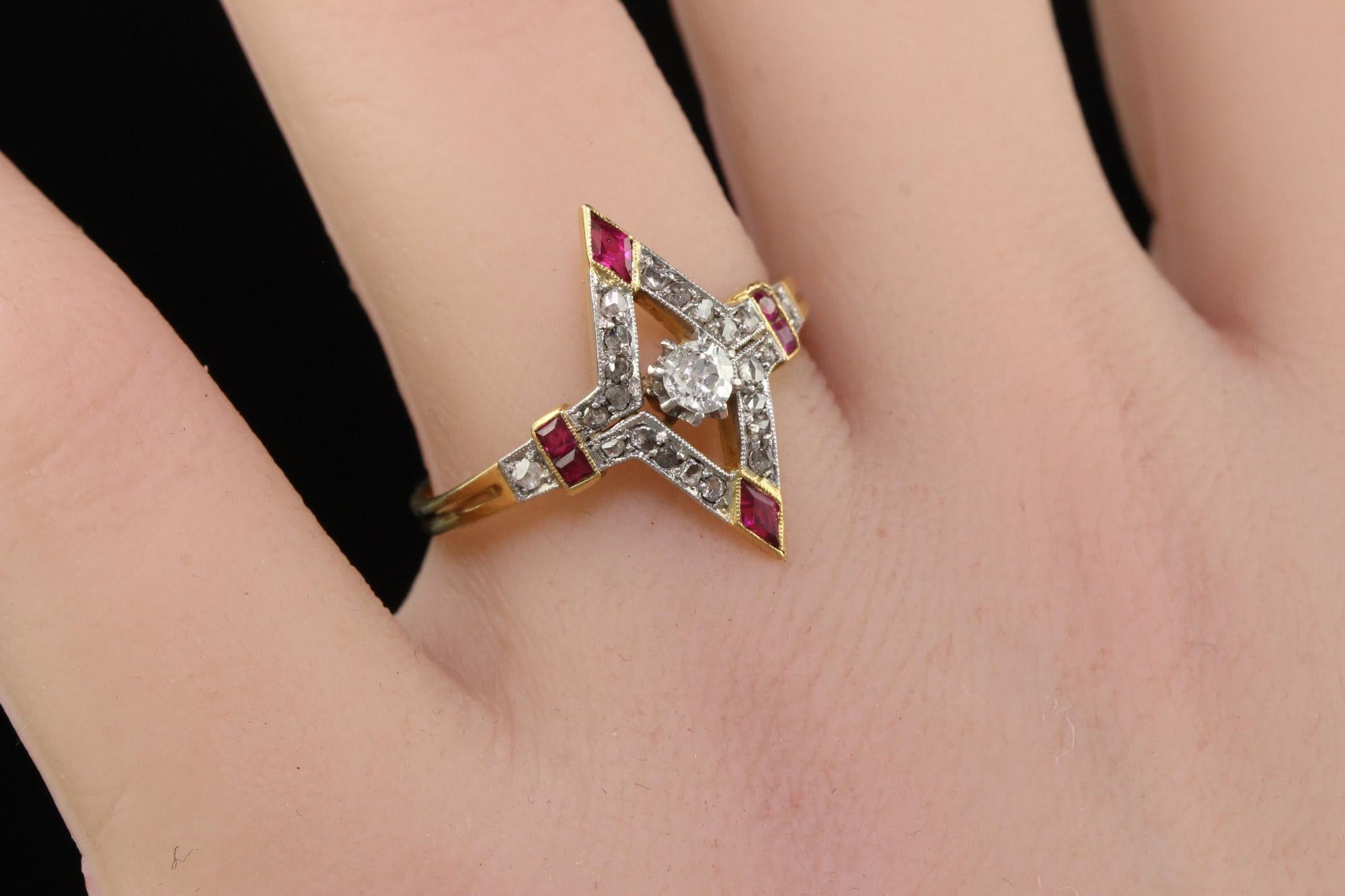 Antique Edwardian 18K Yellow Gold Platinum Old Cut Diamond Ruby Ring 4