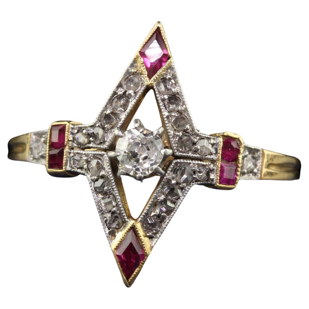 Antique Edwardian 18K Yellow Gold Platinum Old Cut Diamond Ruby Ring