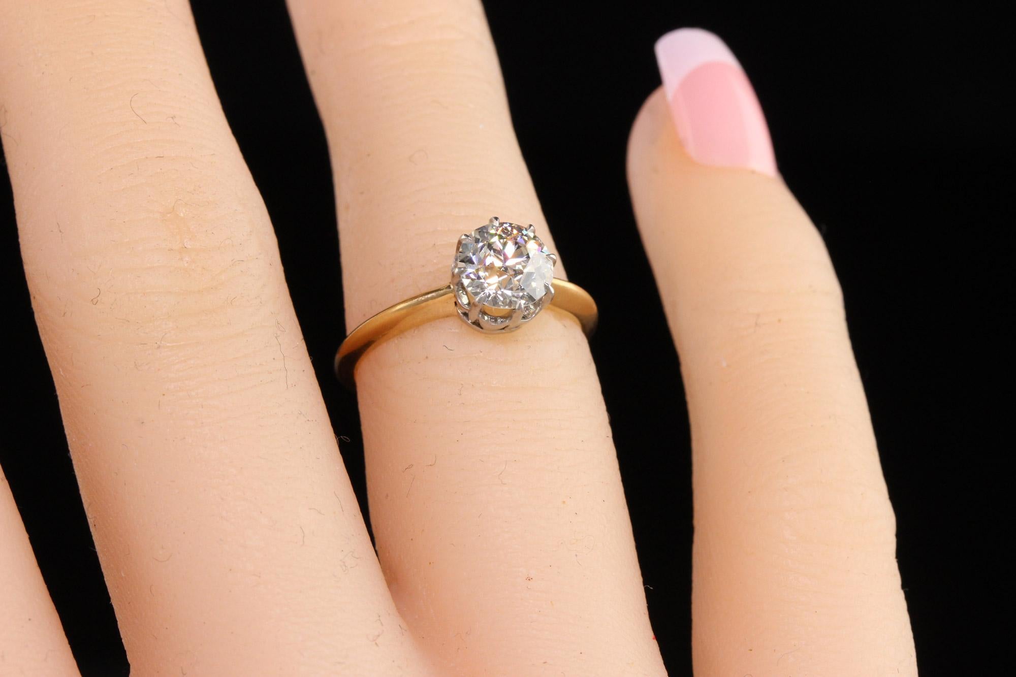 Women's Antique Edwardian 18K Yellow Gold Platinum Old Euro Diamond Engagement Ring For Sale