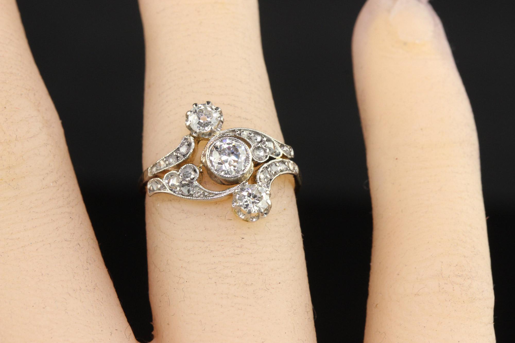 Antiker edwardianischer Ring mit drei Steinen aus 18 Karat Gelbgold und Platin mit altem Eurodiamant 1