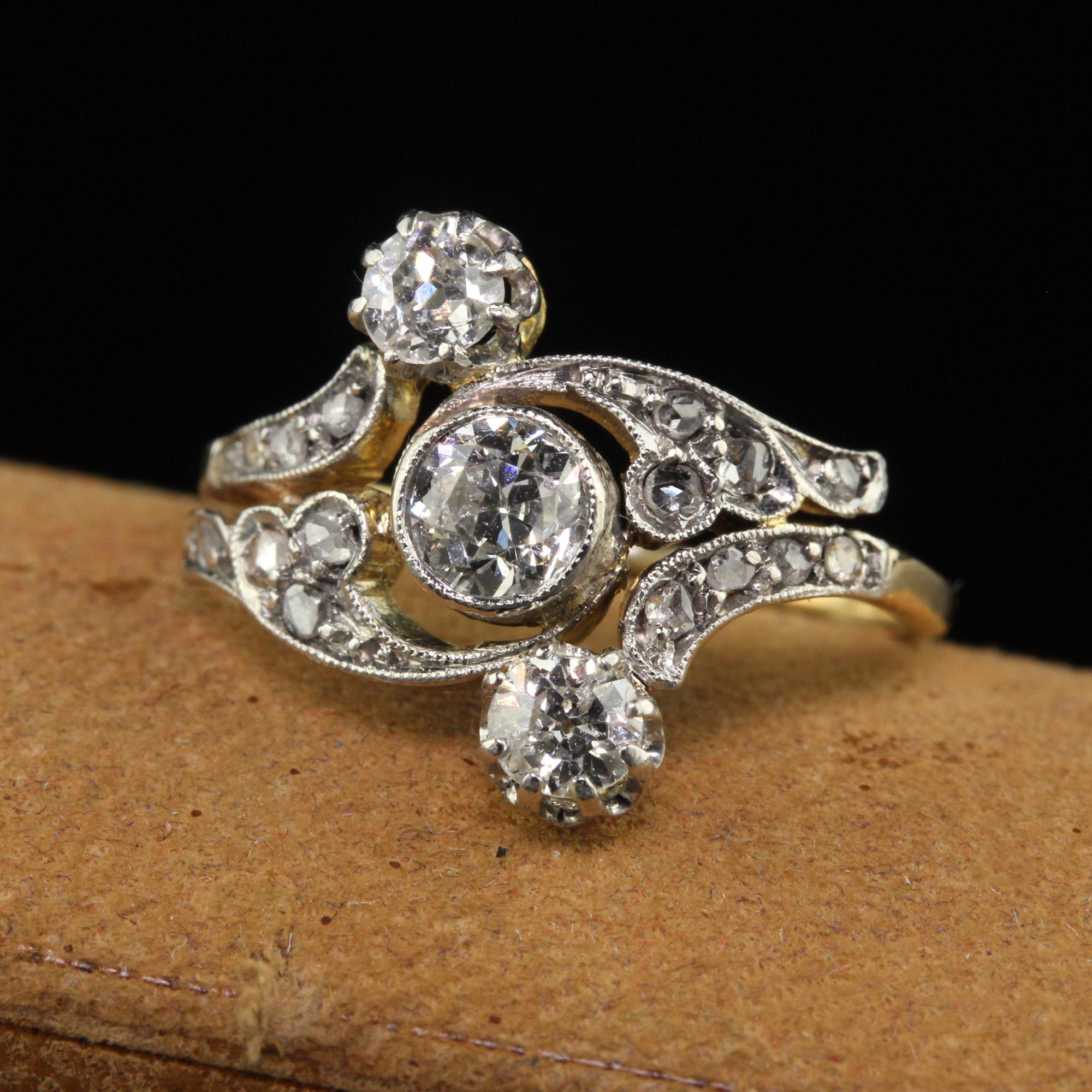 Antiker edwardianischer Ring mit drei Steinen aus 18 Karat Gelbgold und Platin mit altem Eurodiamant 2