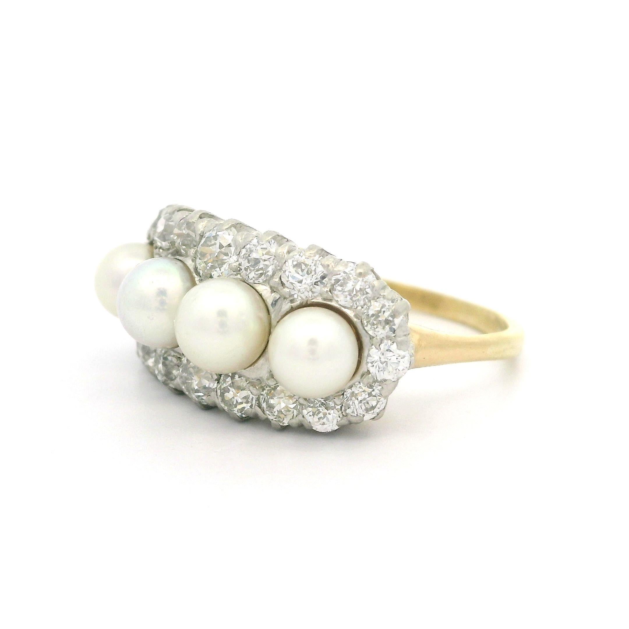 Antique Edwardian 18k Yellow Gold Platinum Pearl & Old Cut Diamond Saddle Ring For Sale 5