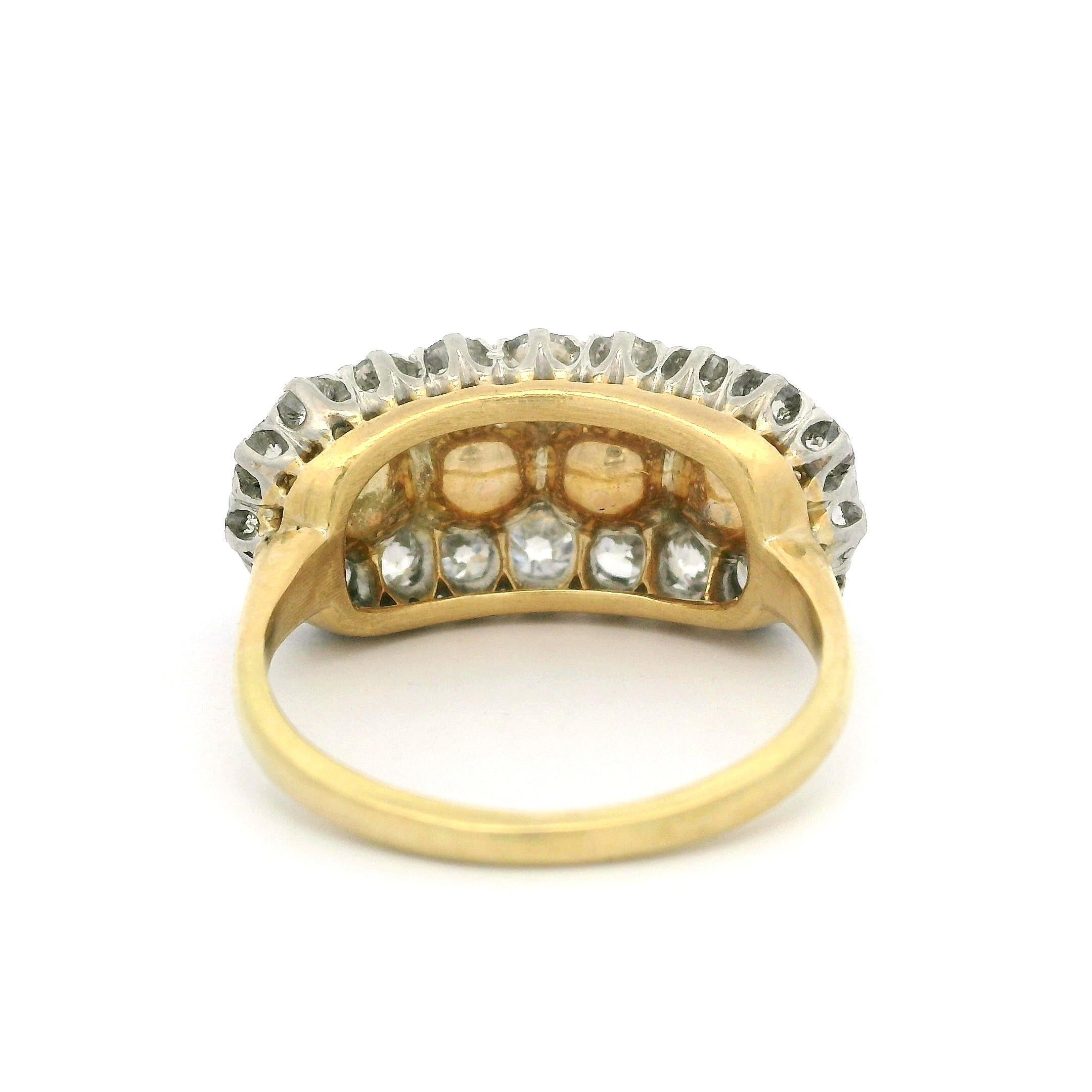 Antique Edwardian 18k Yellow Gold Platinum Pearl & Old Cut Diamond Saddle Ring For Sale 6