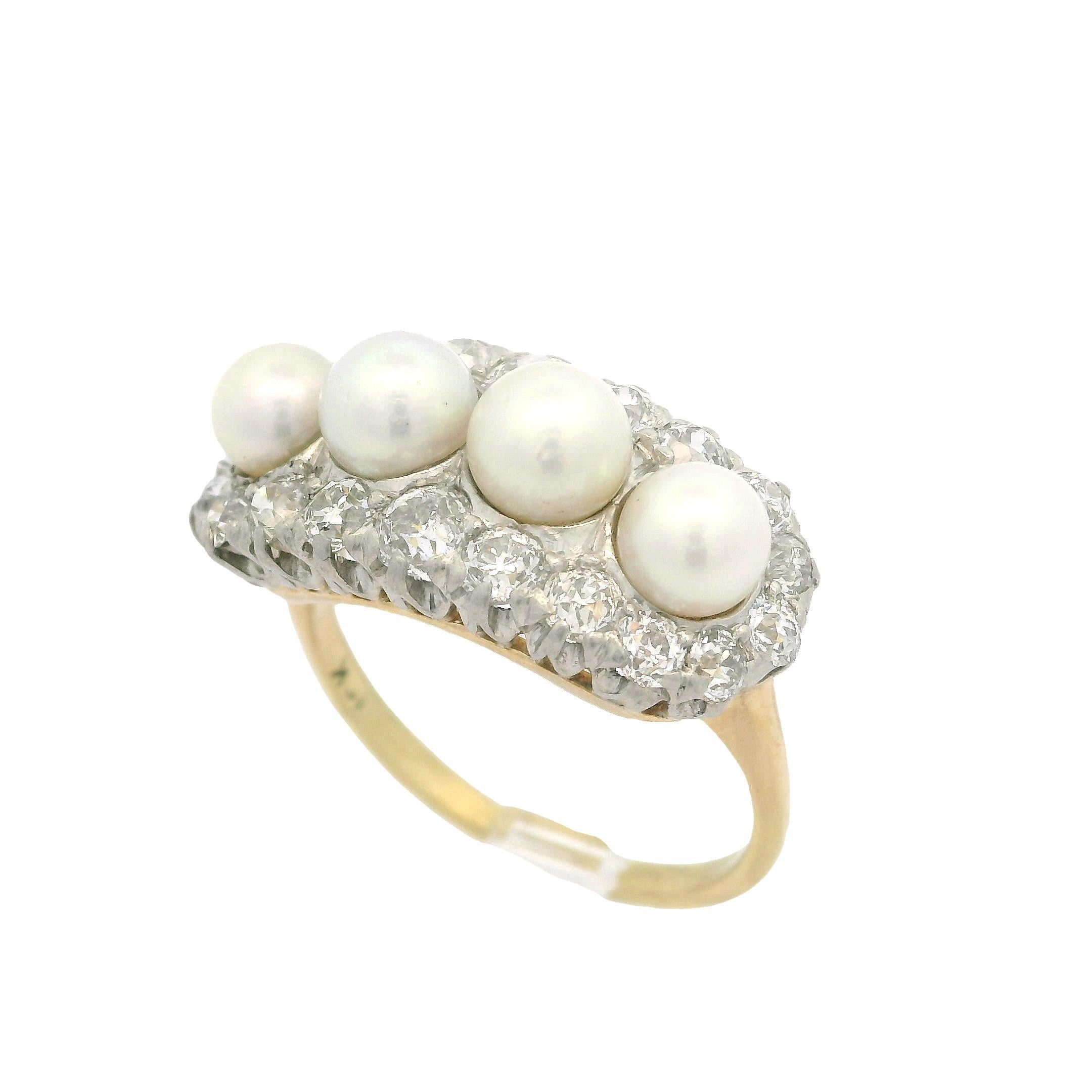 Antique Edwardian 18k Yellow Gold Platinum Pearl & Old Cut Diamond Saddle Ring For Sale 7