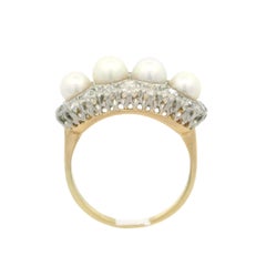Antique Edwardian 18k Yellow Gold Platinum Pearl & Old Cut Diamond Saddle Ring