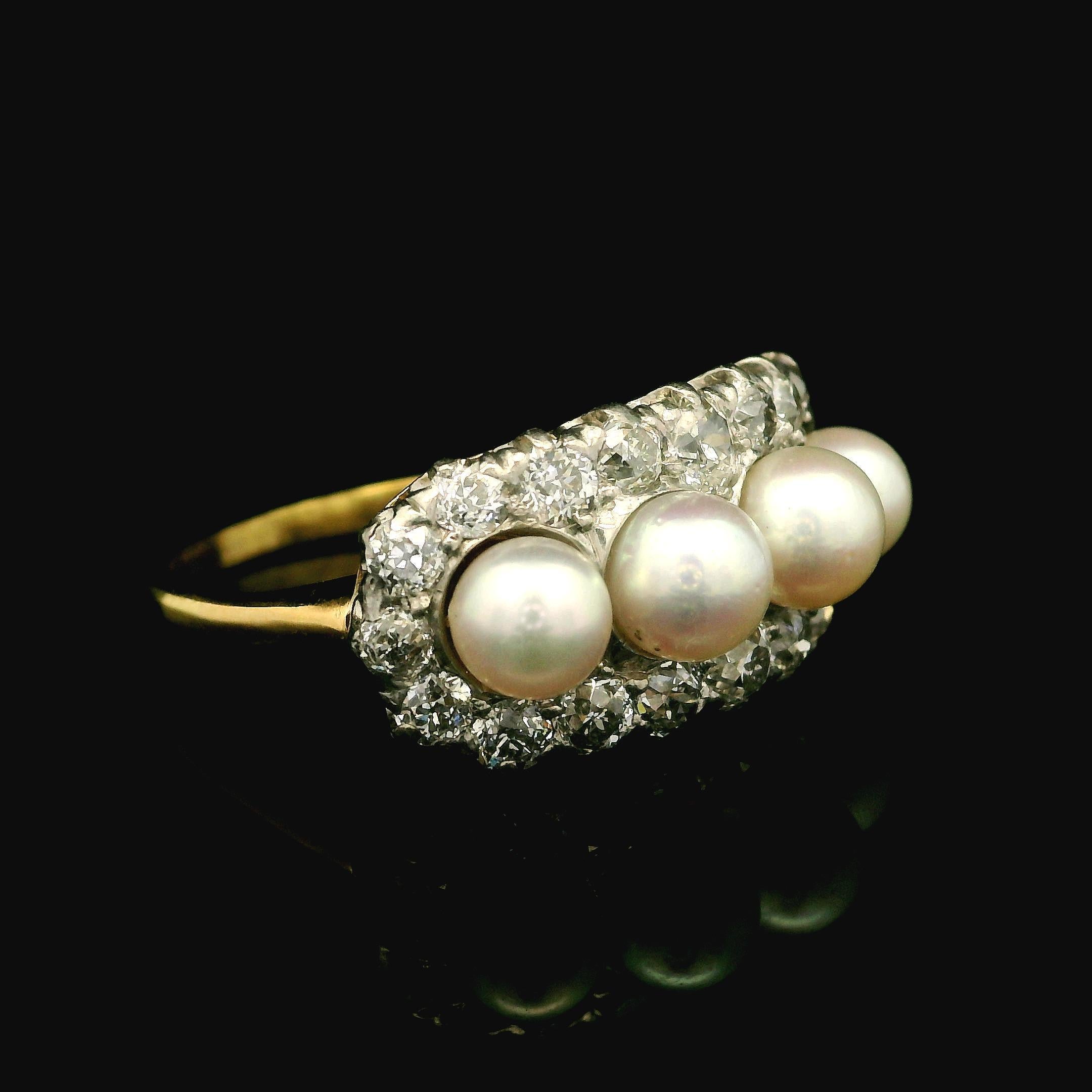 Antique Edwardian 18k Yellow Gold Platinum Pearl & Old Cut Diamond Saddle Ring In Excellent Condition For Sale In Montclair, NJ