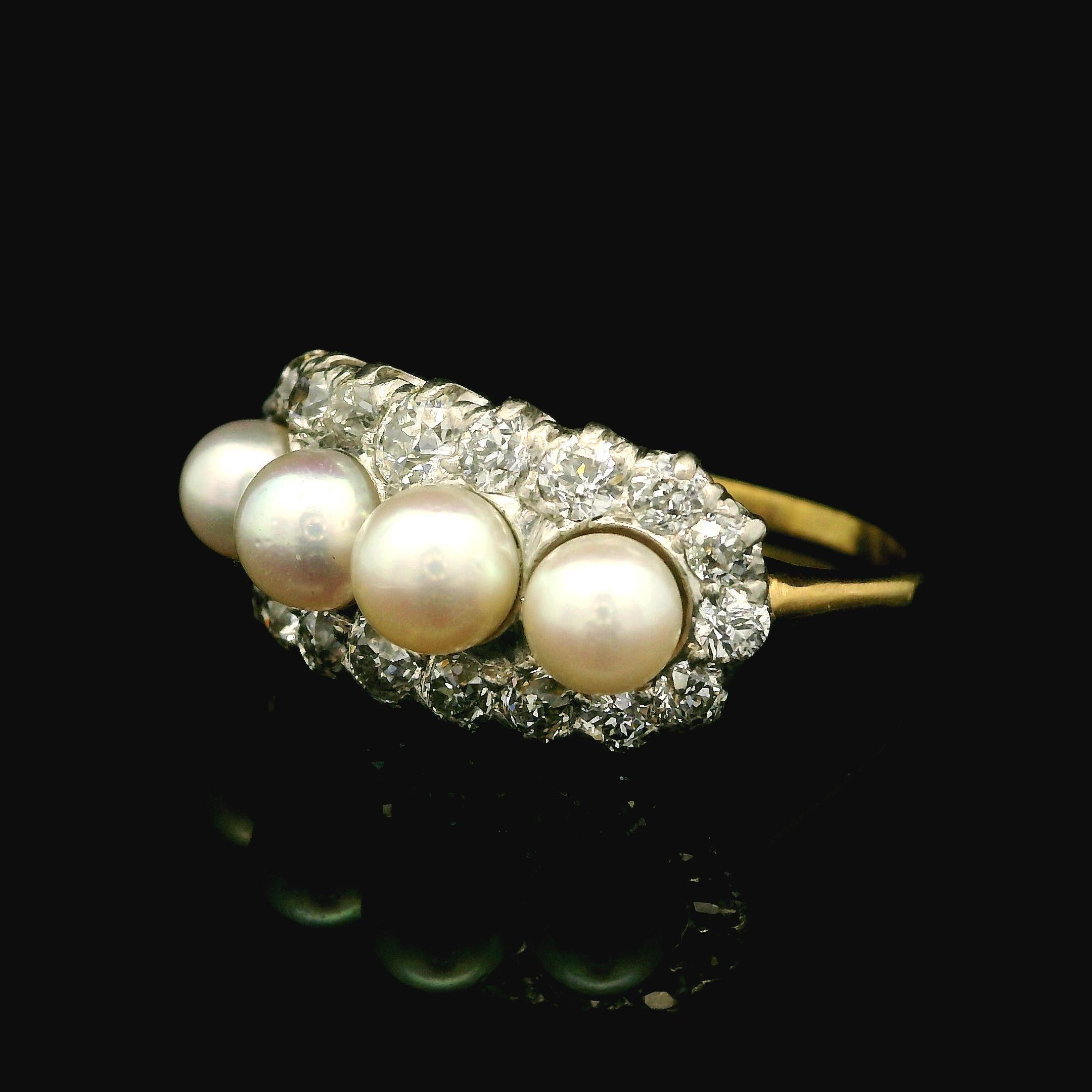 Women's Antique Edwardian 18k Yellow Gold Platinum Pearl & Old Cut Diamond Saddle Ring For Sale