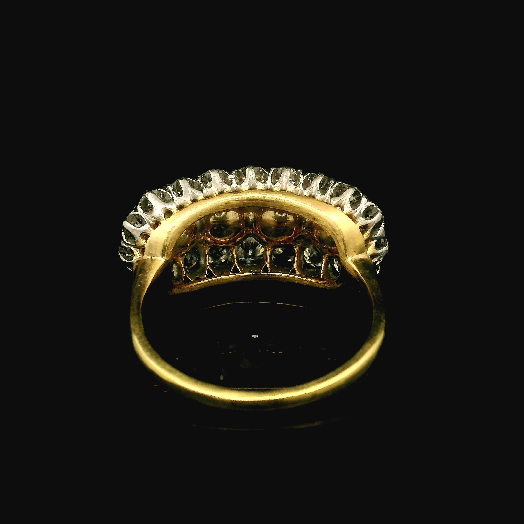 Antique Edwardian 18k Yellow Gold Platinum Pearl & Old Cut Diamond Saddle Ring For Sale 1