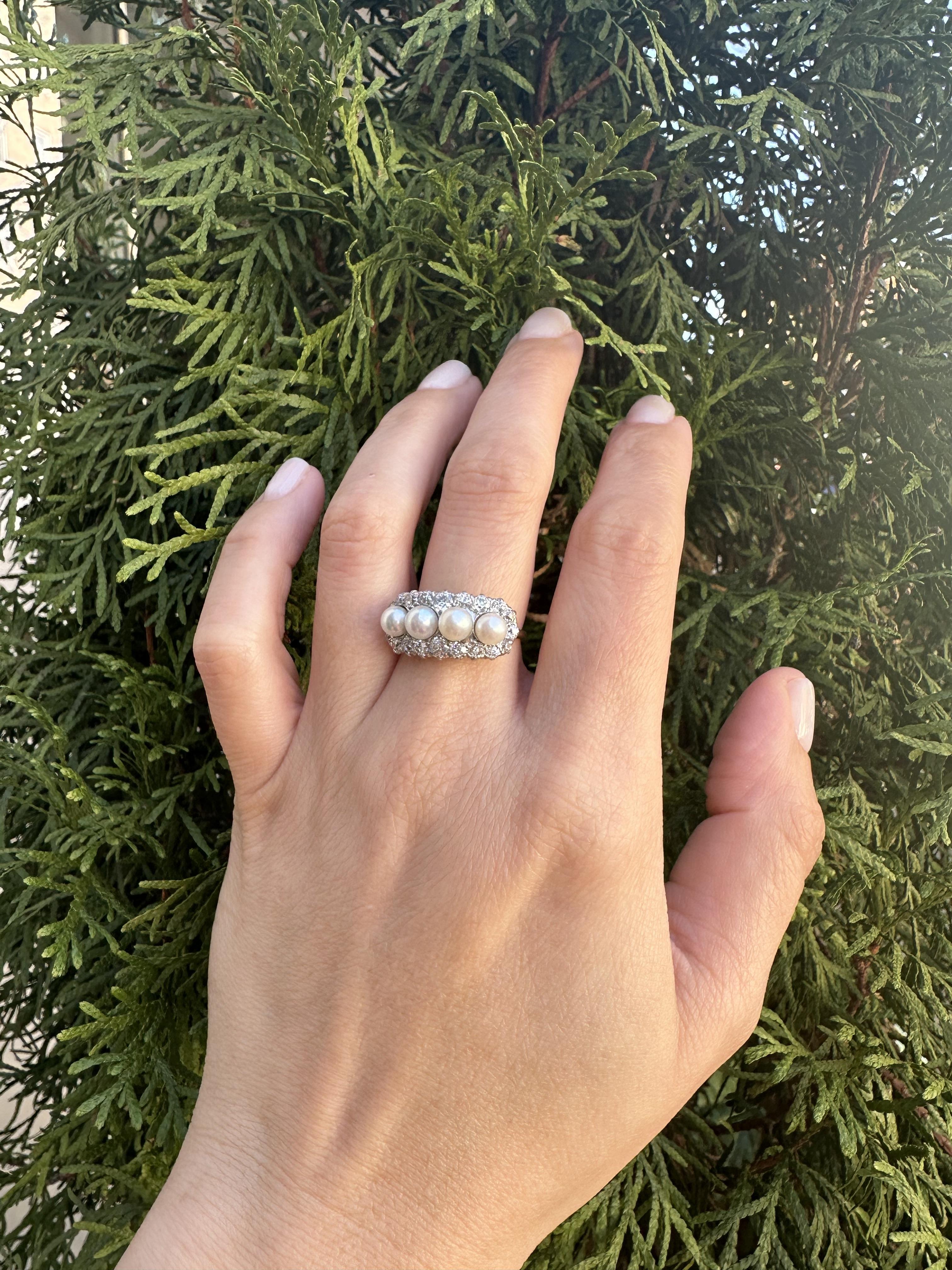 Antique Edwardian 18k Yellow Gold Platinum Pearl & Old Cut Diamond Saddle Ring For Sale 2