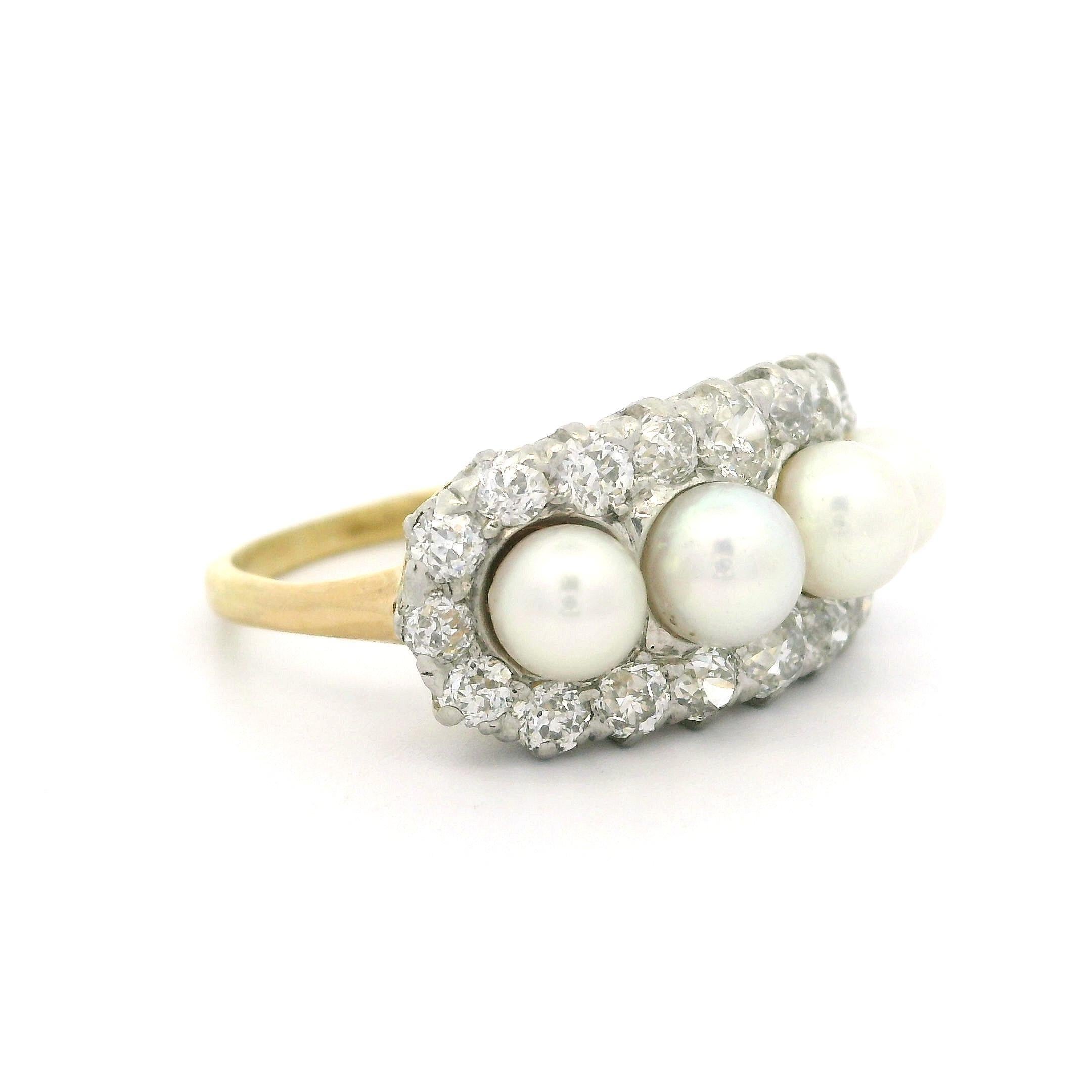 Antique Edwardian 18k Yellow Gold Platinum Pearl & Old Cut Diamond Saddle Ring For Sale 4
