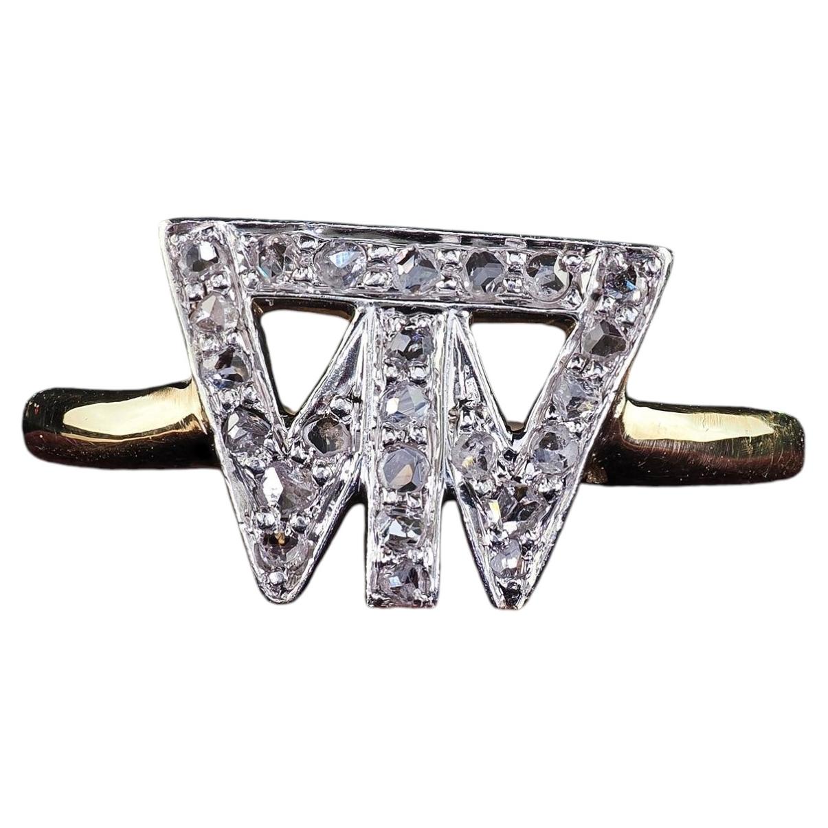Antique Edwardian 18K Yellow Gold Platinum Rose Cut Diamond Initial Ring For Sale
