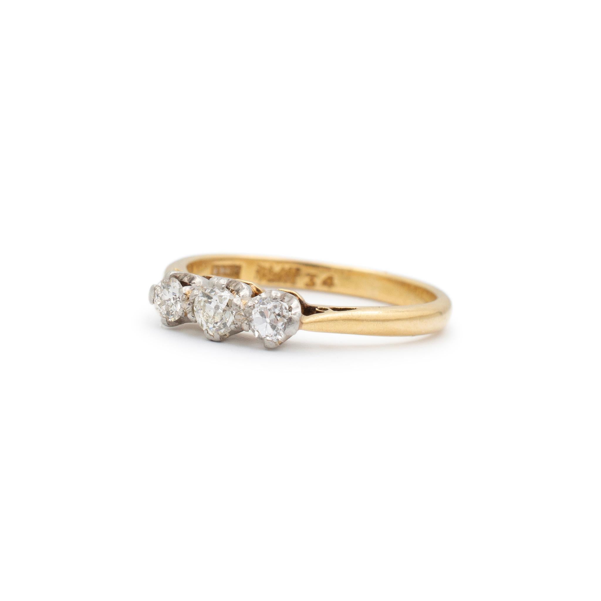 Old European Cut Antique Edwardian 18K Yellow Gold & Platinum Three Stone Diamond Engagement Ring For Sale