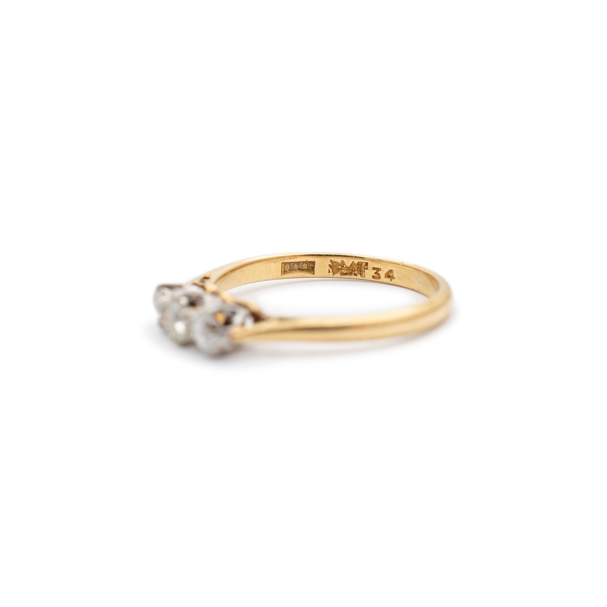 Antique Edwardian 18K Yellow Gold & Platinum Three Stone Diamond Engagement Ring For Sale 1