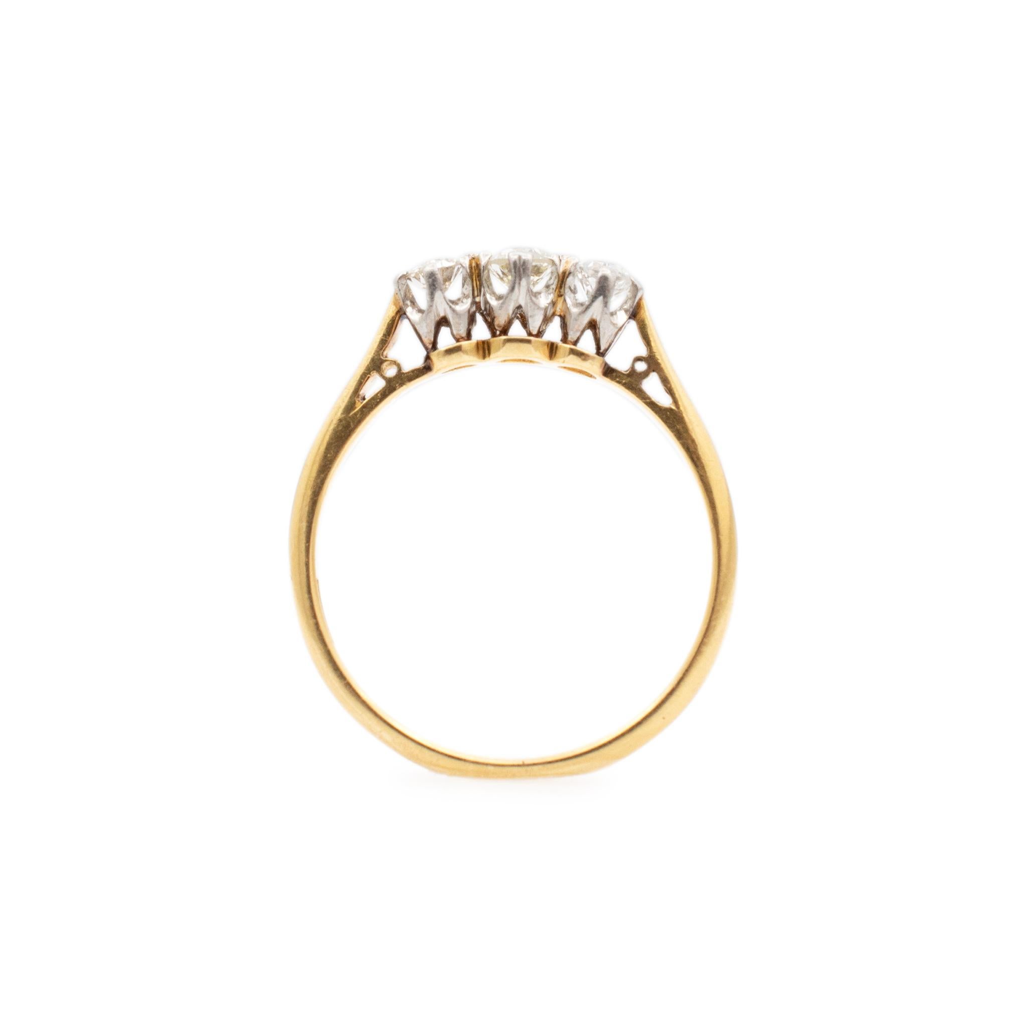 Antique Edwardian 18K Yellow Gold & Platinum Three Stone Diamond Engagement Ring For Sale 2