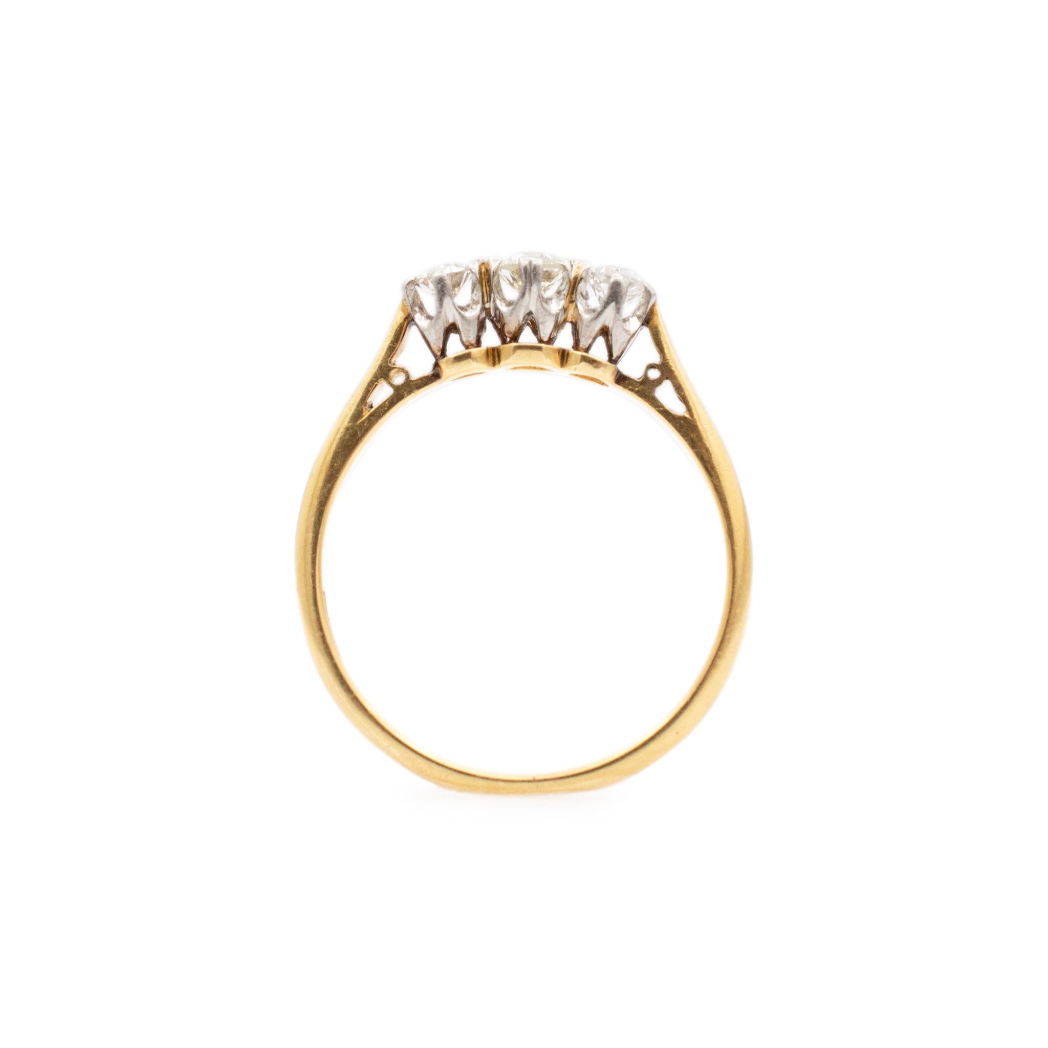 Antique Edwardian 18K Yellow Gold & Platinum Three Stone Diamond Engagement Ring 2