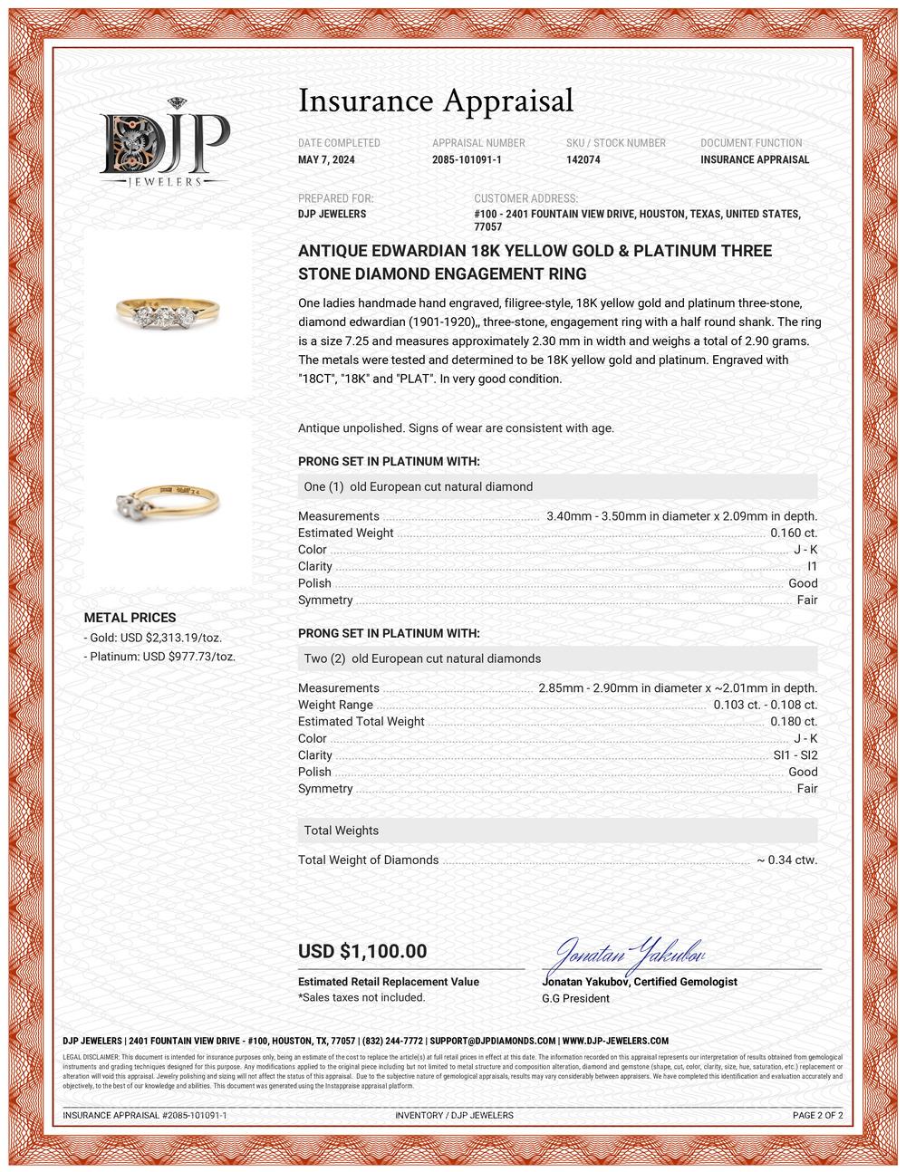Antique Edwardian 18K Yellow Gold & Platinum Three Stone Diamond Engagement Ring For Sale 4
