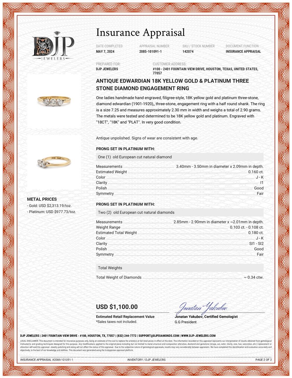 Antique Edwardian 18K Yellow Gold & Platinum Three Stone Diamond Engagement Ring 4