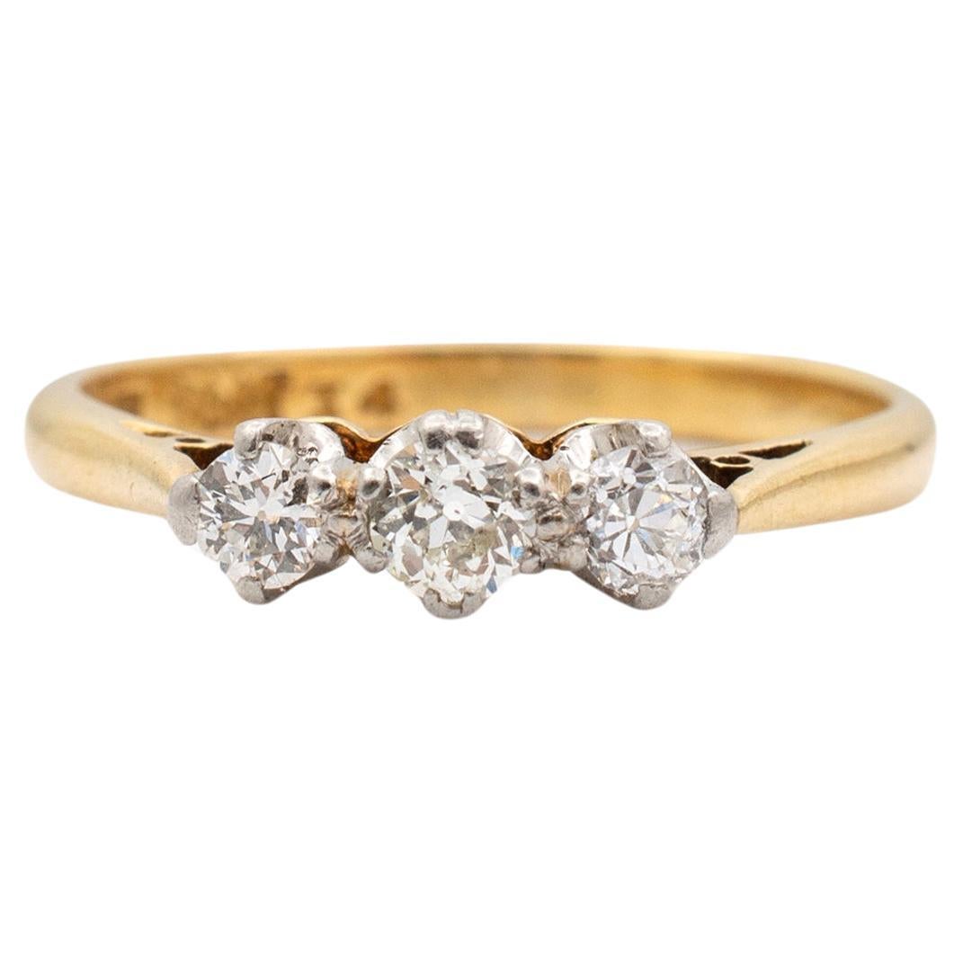 Antique Edwardian 18K Yellow Gold & Platinum Three Stone Diamond Engagement Ring For Sale