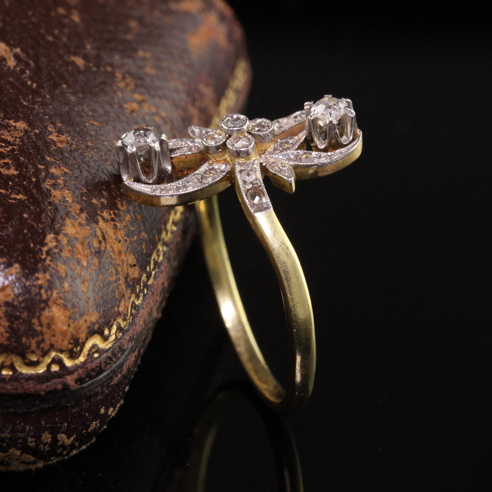Old Mine Cut Antique Edwardian 18k Yellow Gold Platinum Top Floral Diamond Ring For Sale