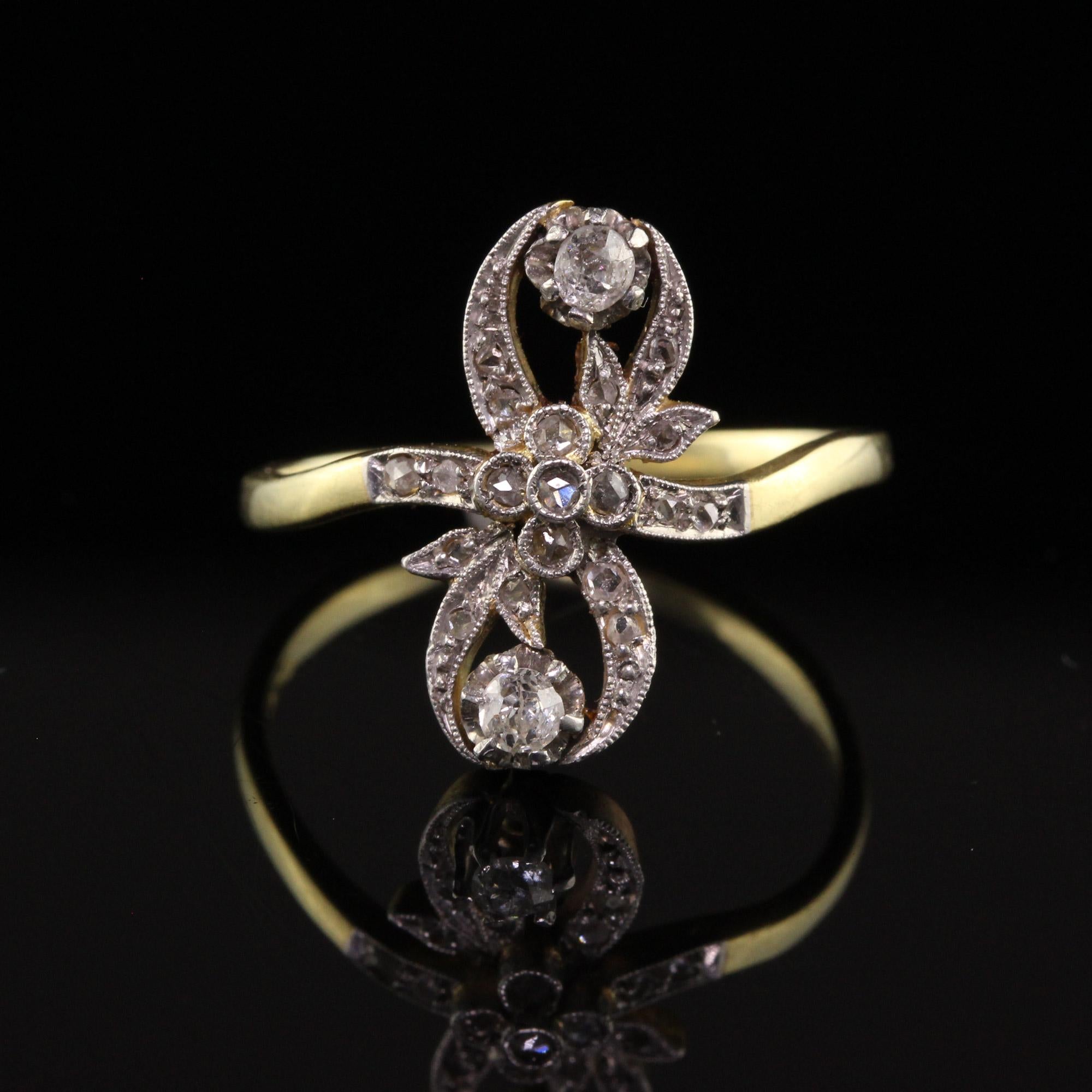 Antique Edwardian 18k Yellow Gold Platinum Top Floral Diamond Ring In Good Condition In Great Neck, NY