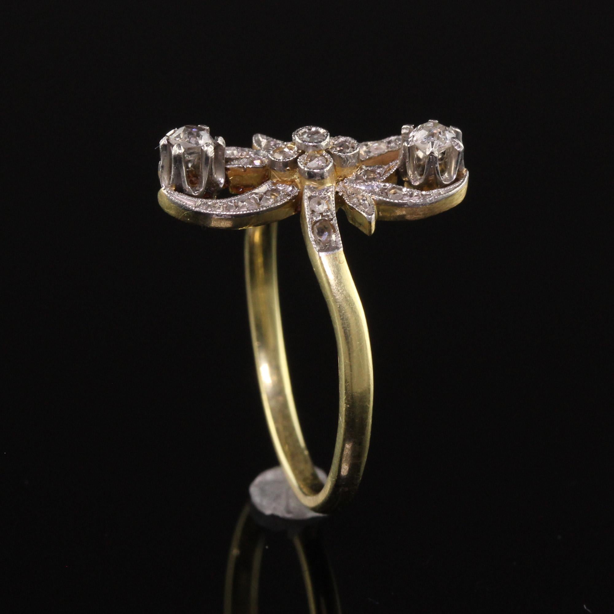 Antique Edwardian 18k Yellow Gold Platinum Top Floral Diamond Ring For Sale 1