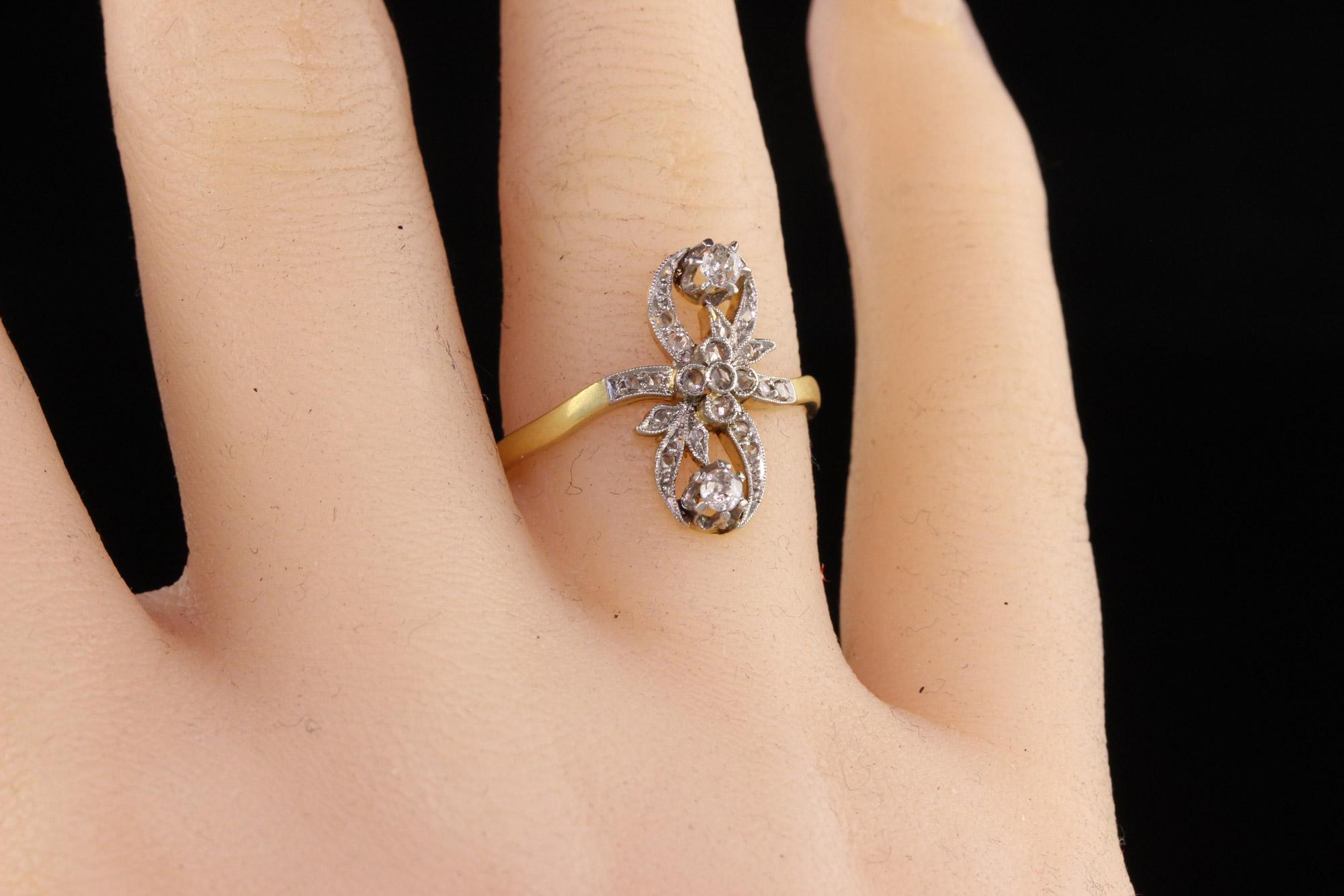 Antique Edwardian 18k Yellow Gold Platinum Top Floral Diamond Ring For Sale 2