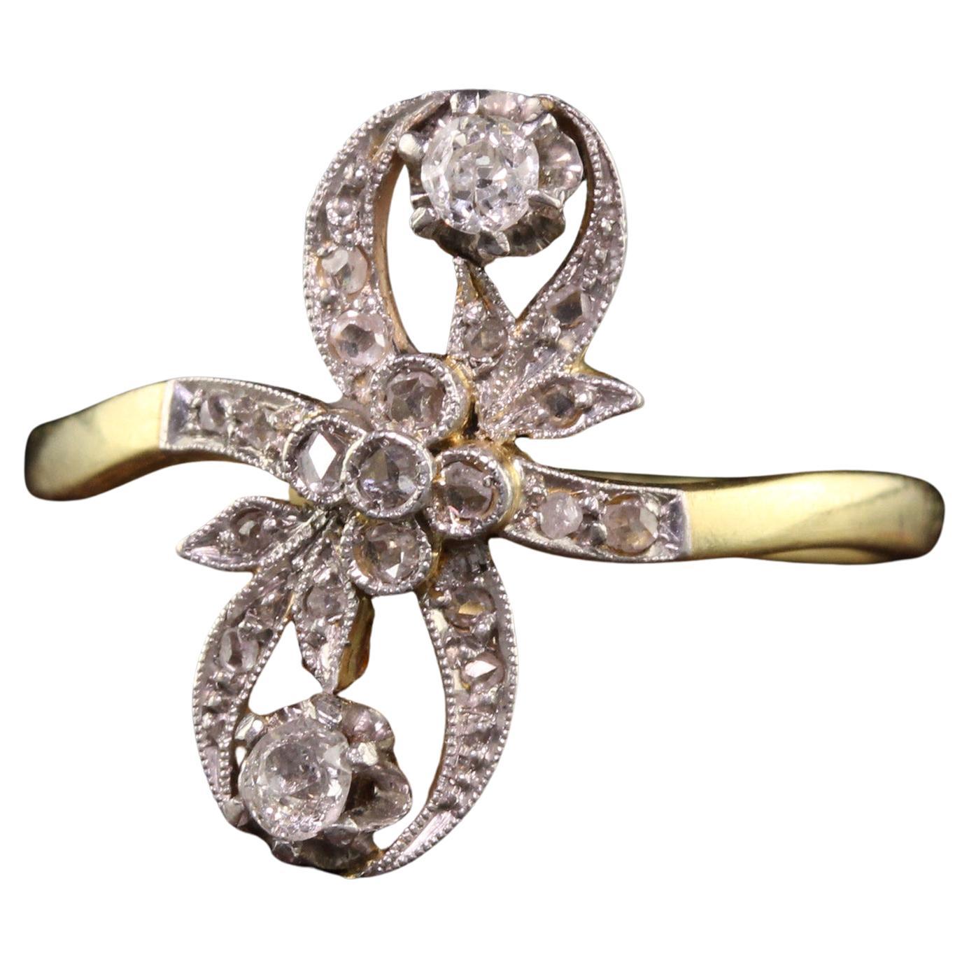 Antique Edwardian 18k Yellow Gold Platinum Top Floral Diamond Ring For Sale