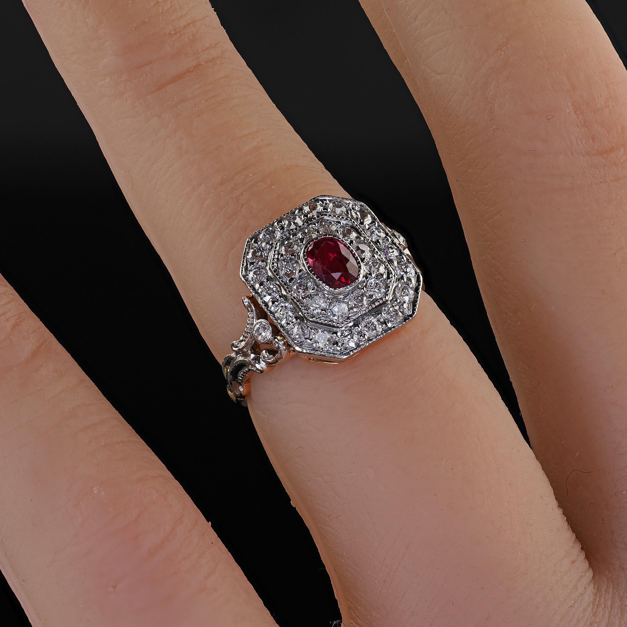 Antique Edwardian 18K Yellow Gold Platinum Top Old Diamond Ruby Cocktail Ring 5