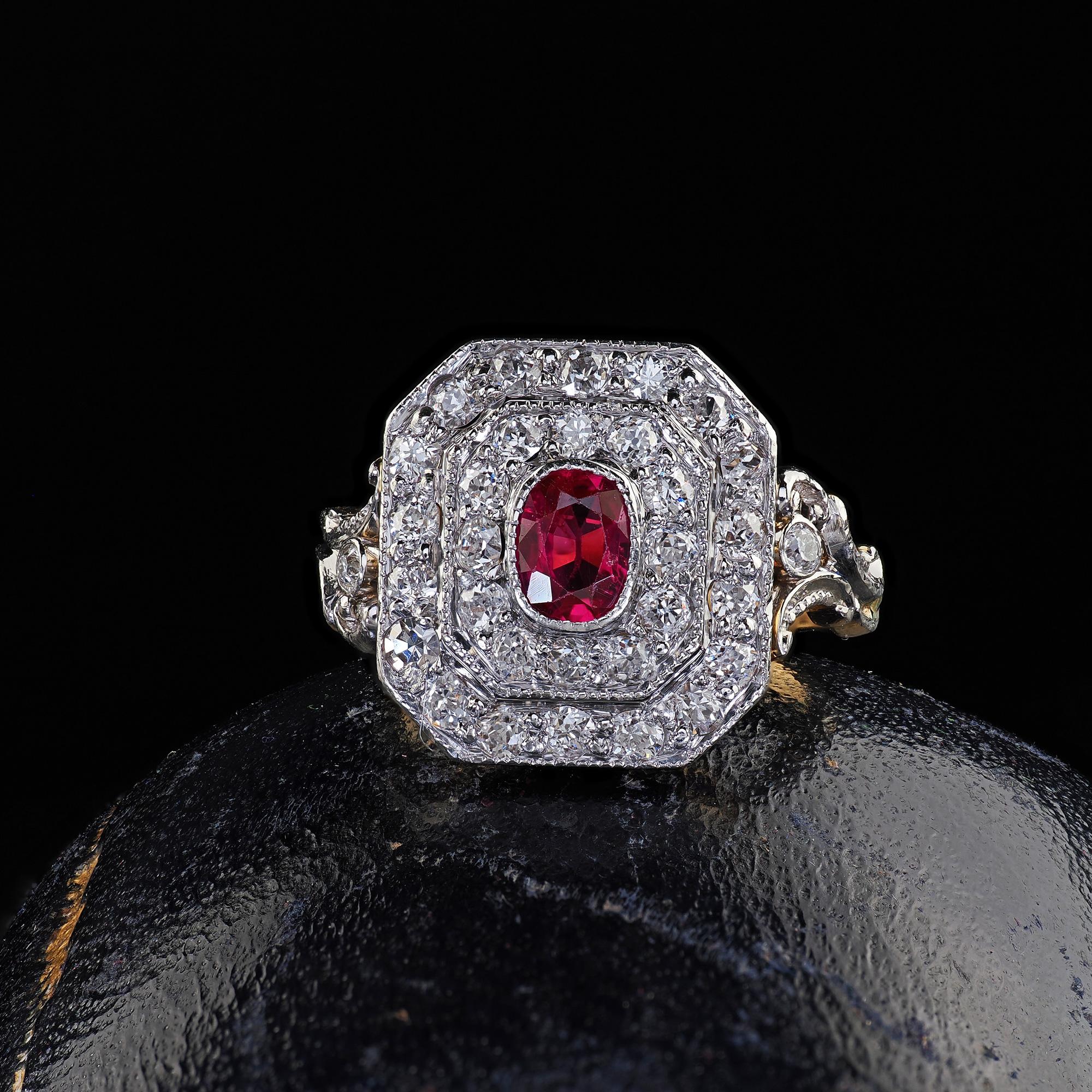 Beautiful Antique Edwardian 18K Yellow Gold Platinum Top Old Diamond Ruby Cocktail Ring. This beautiful Edwardian diamond and ruby ring is crafted in 18k yellow gold and platinum top. This ring features a bright red ruby in the center of a gorgeous