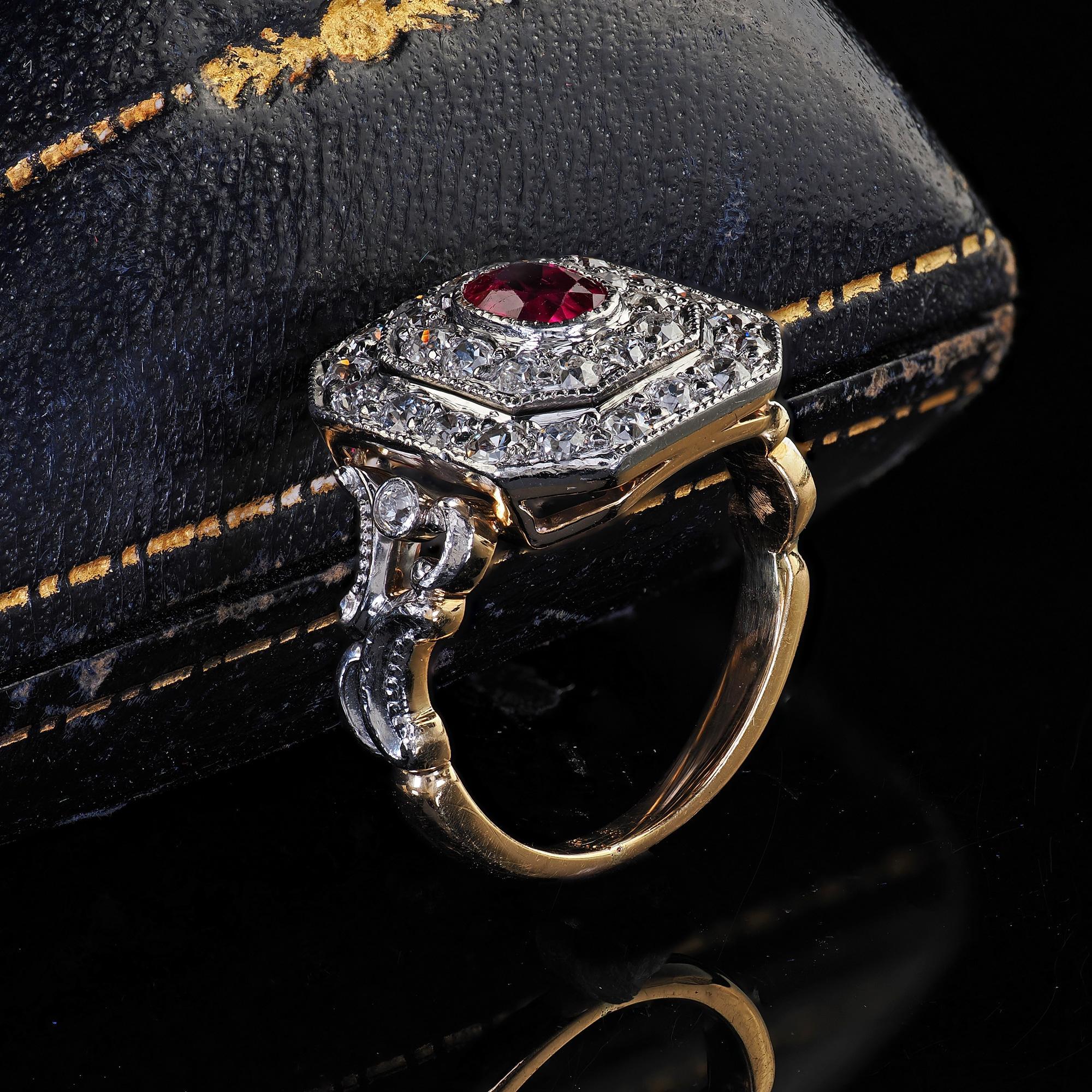 Oval Cut Antique Edwardian 18K Yellow Gold Platinum Top Old Diamond Ruby Cocktail Ring