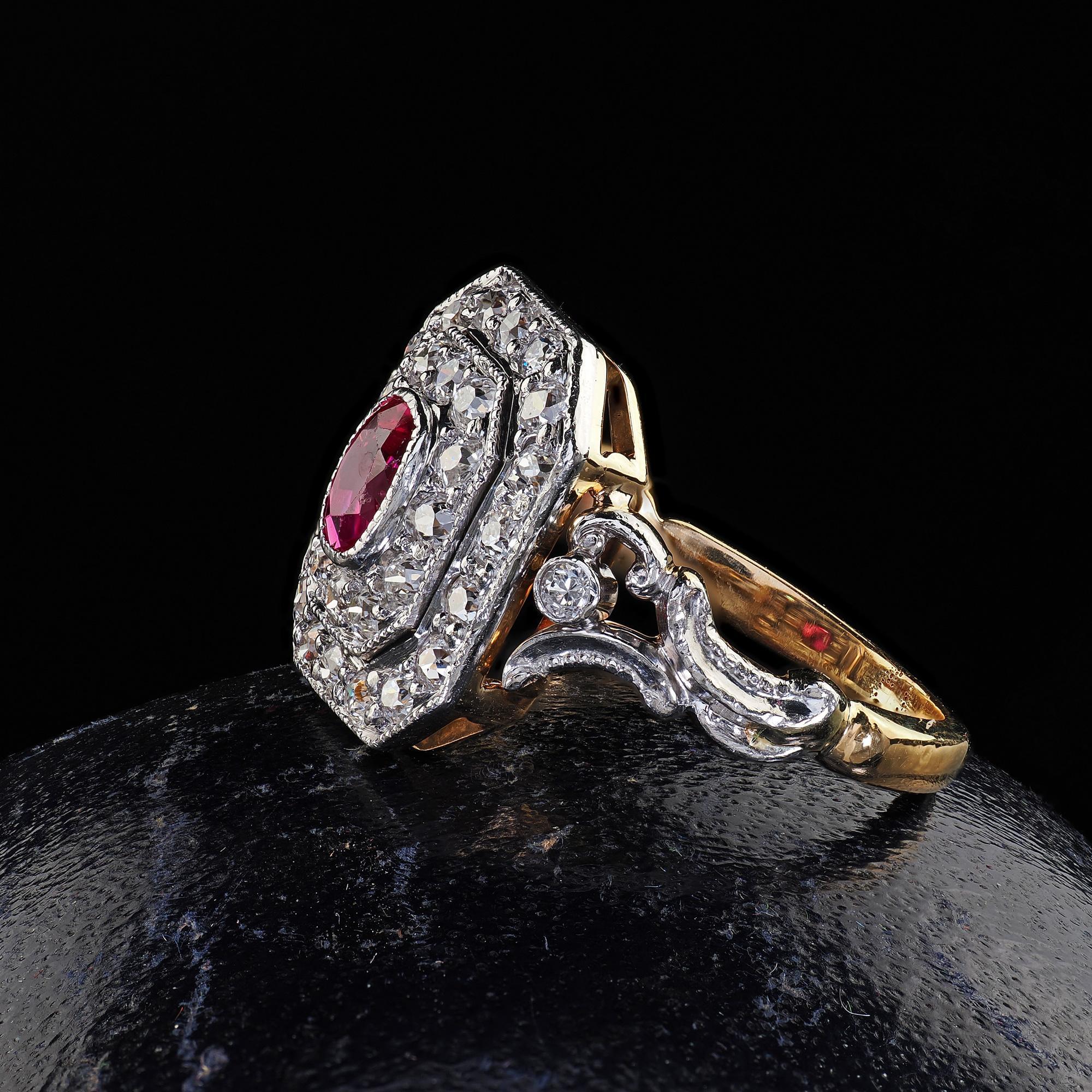 Women's Antique Edwardian 18K Yellow Gold Platinum Top Old Diamond Ruby Cocktail Ring