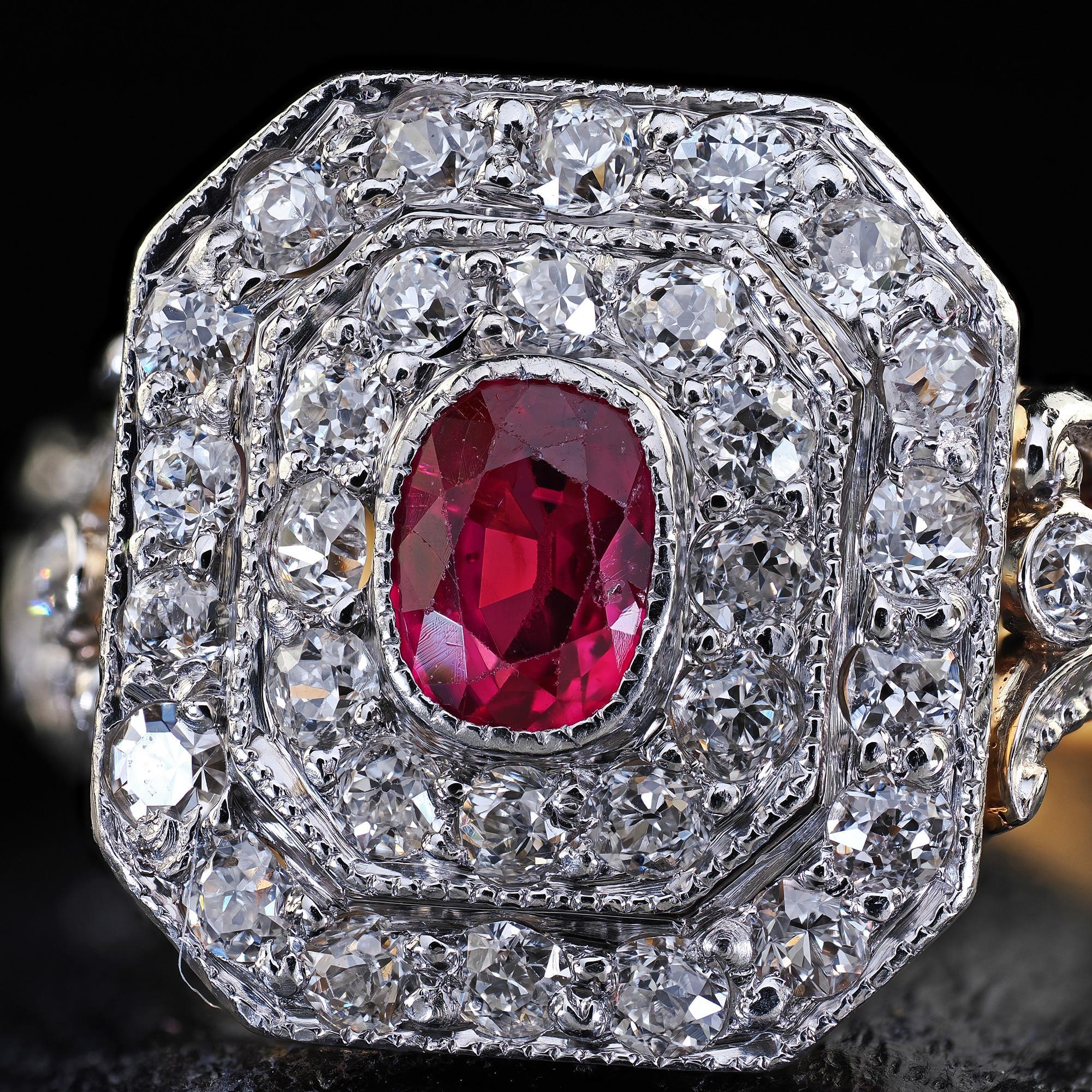 Antique Edwardian 18K Yellow Gold Platinum Top Old Diamond Ruby Cocktail Ring 1