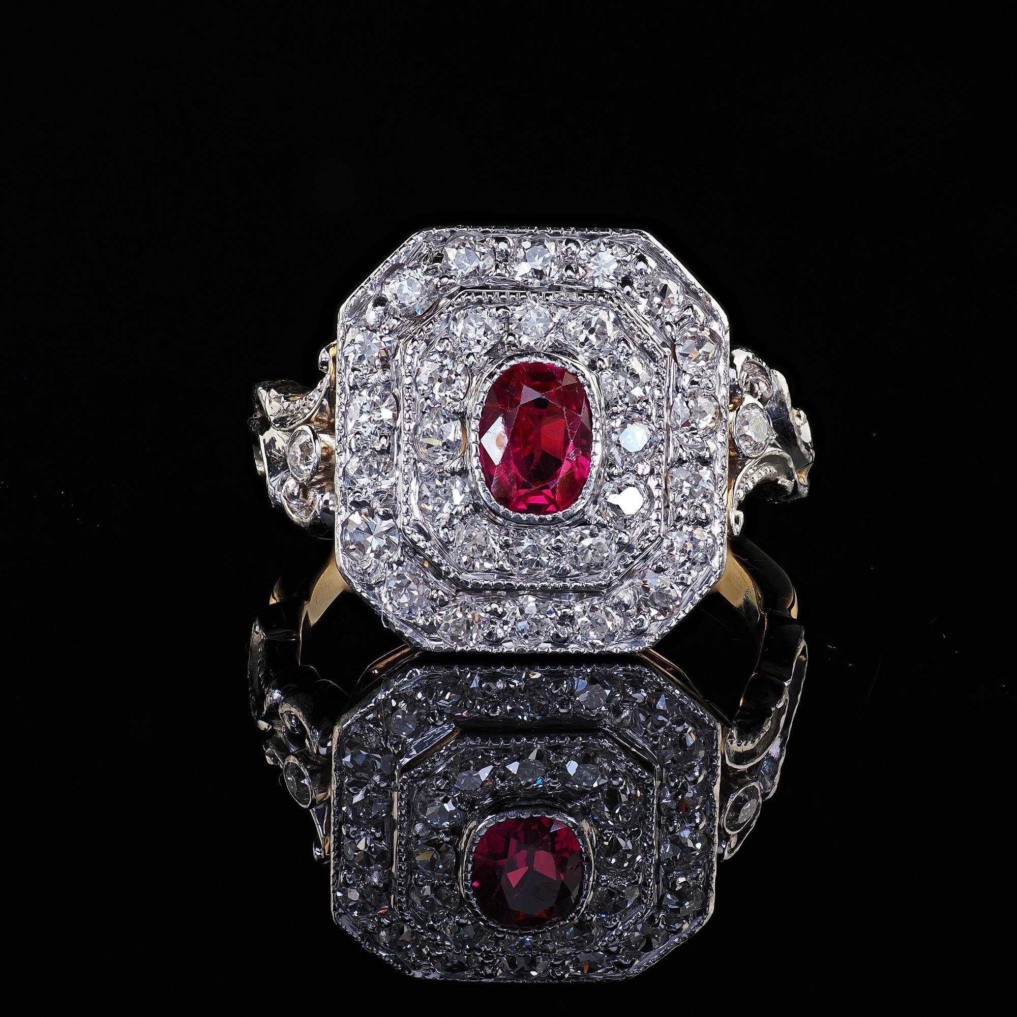 Antique Edwardian 18K Yellow Gold Platinum Top Old Diamond Ruby Cocktail Ring 2