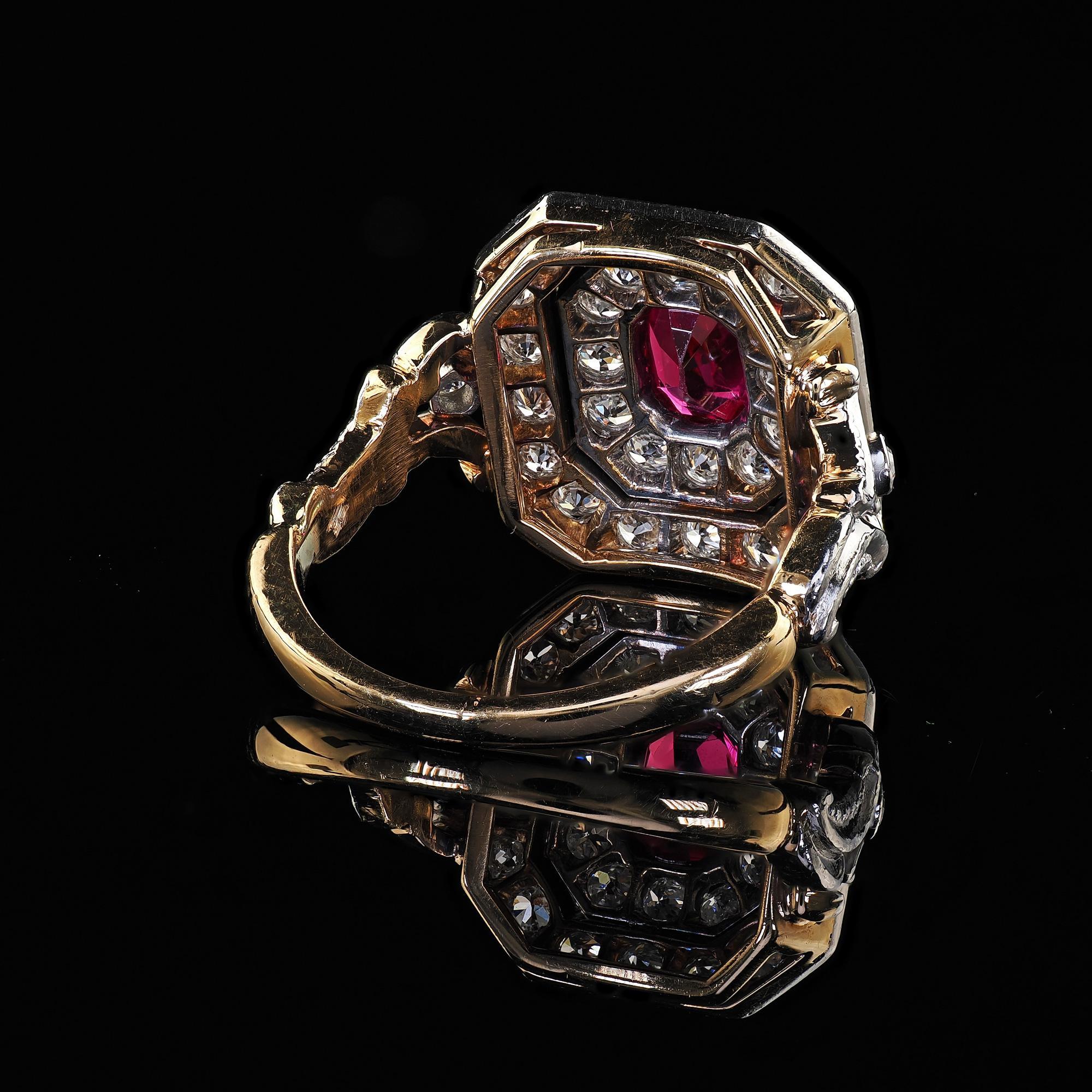 Antique Edwardian 18K Yellow Gold Platinum Top Old Diamond Ruby Cocktail Ring 3