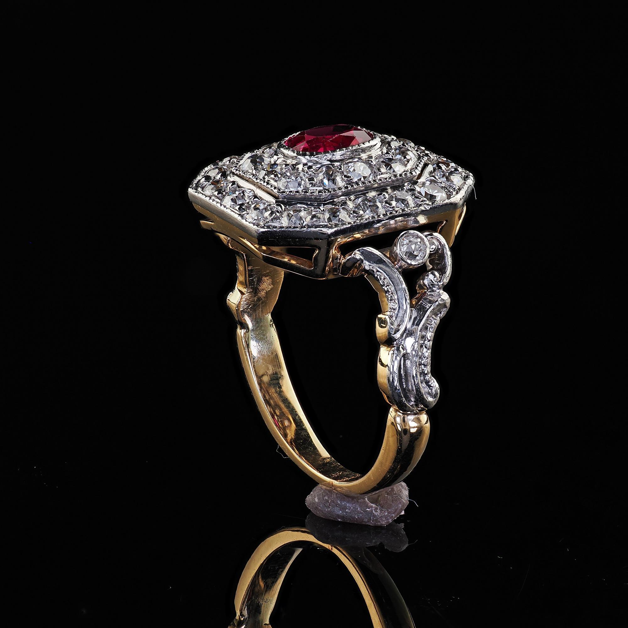 Antique Edwardian 18K Yellow Gold Platinum Top Old Diamond Ruby Cocktail Ring 4