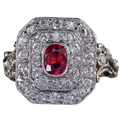 Antique Edwardian 18K Yellow Gold Platinum Top Old Diamond Ruby Cocktail Ring