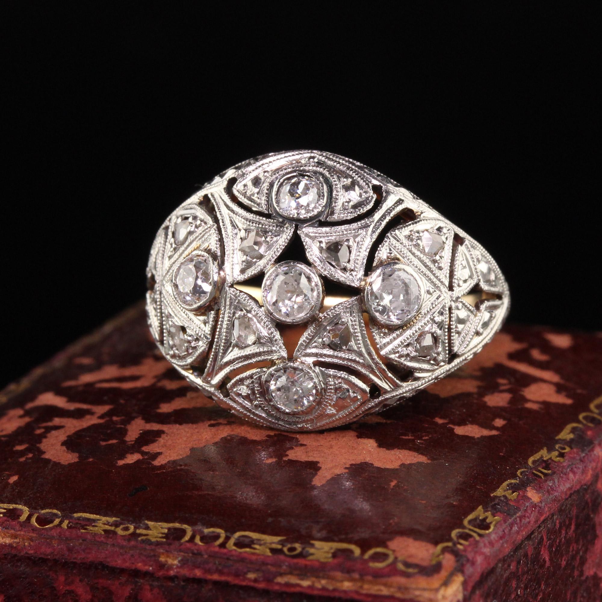 Beautiful Antique Edwardian 18K Yellow Gold Platinum Top Old European Diamond Ring. This beautiful ring is crafted in 18k yellow gold and platinum top. There are old european cut and rose cut diamonds set on top of the mounting and it is in great