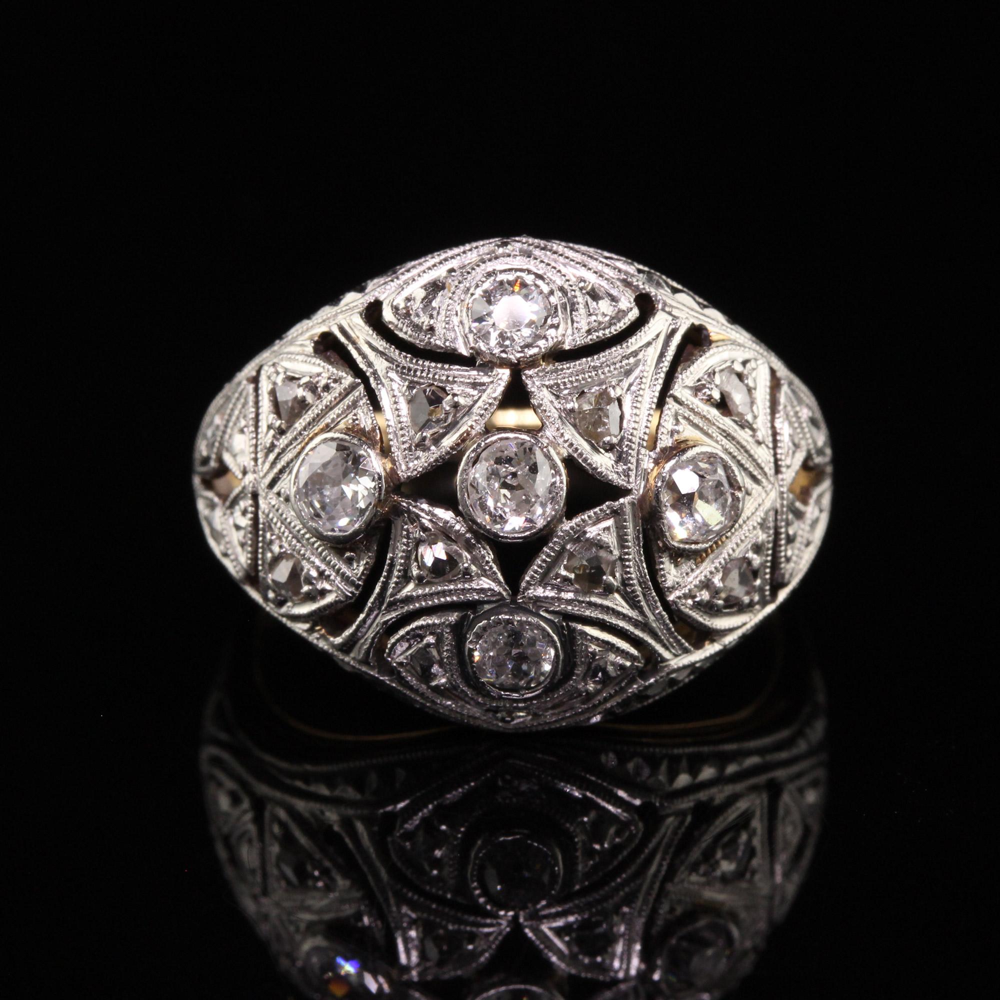 Édouardien Ancienne bague édouardienne en or jaune 18 carats et platine avec diamant européen ancien sur le dessus en vente