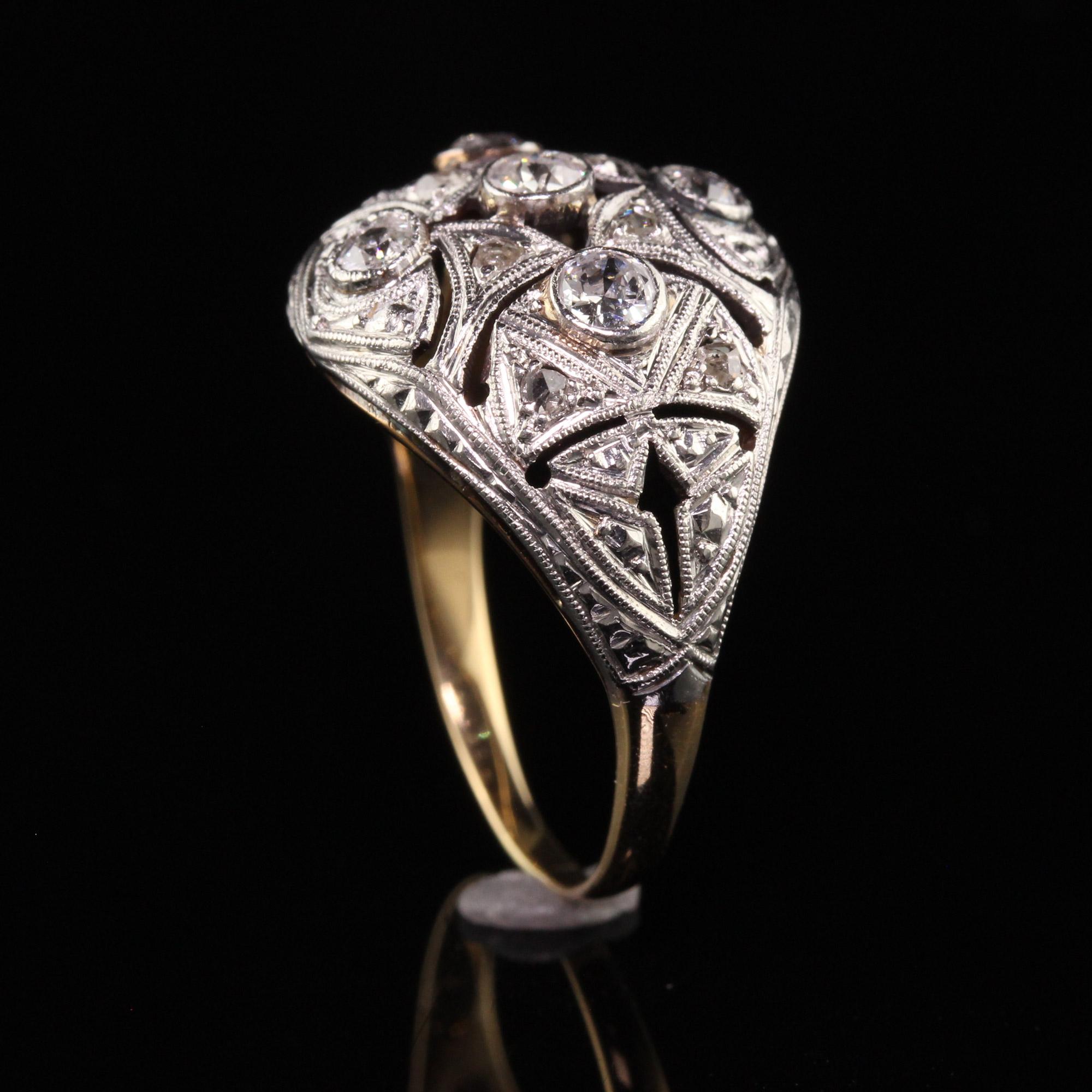 Antique Edwardian 18K Yellow Gold Platinum Top Old European Diamond Ring For Sale 1