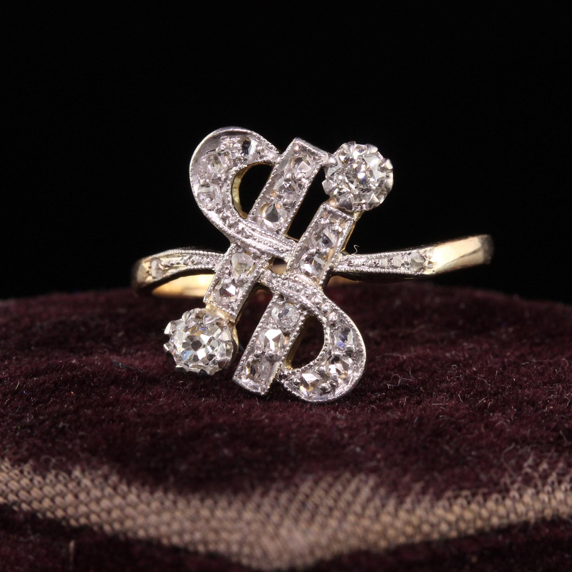 Schöne antike Edwardian 18K Gelbgold Platin Top Old Mine Diamond Ring. Dieser schöne Ring ist in 18 Karat Gelbgold und Platin oben gefertigt. Der Ring hat Diamanten im Minen- und Rosenschliff in einem wunderschönen Design. Der Ring ist in sehr gutem