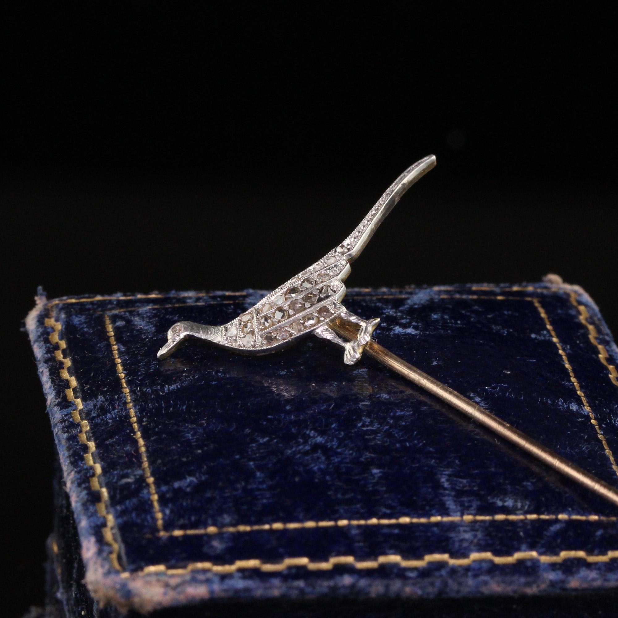 Women's or Men's Antique Edwardian 18k Yellow Gold Platinum Top Rose Cut Diamond Bird Stick Pin