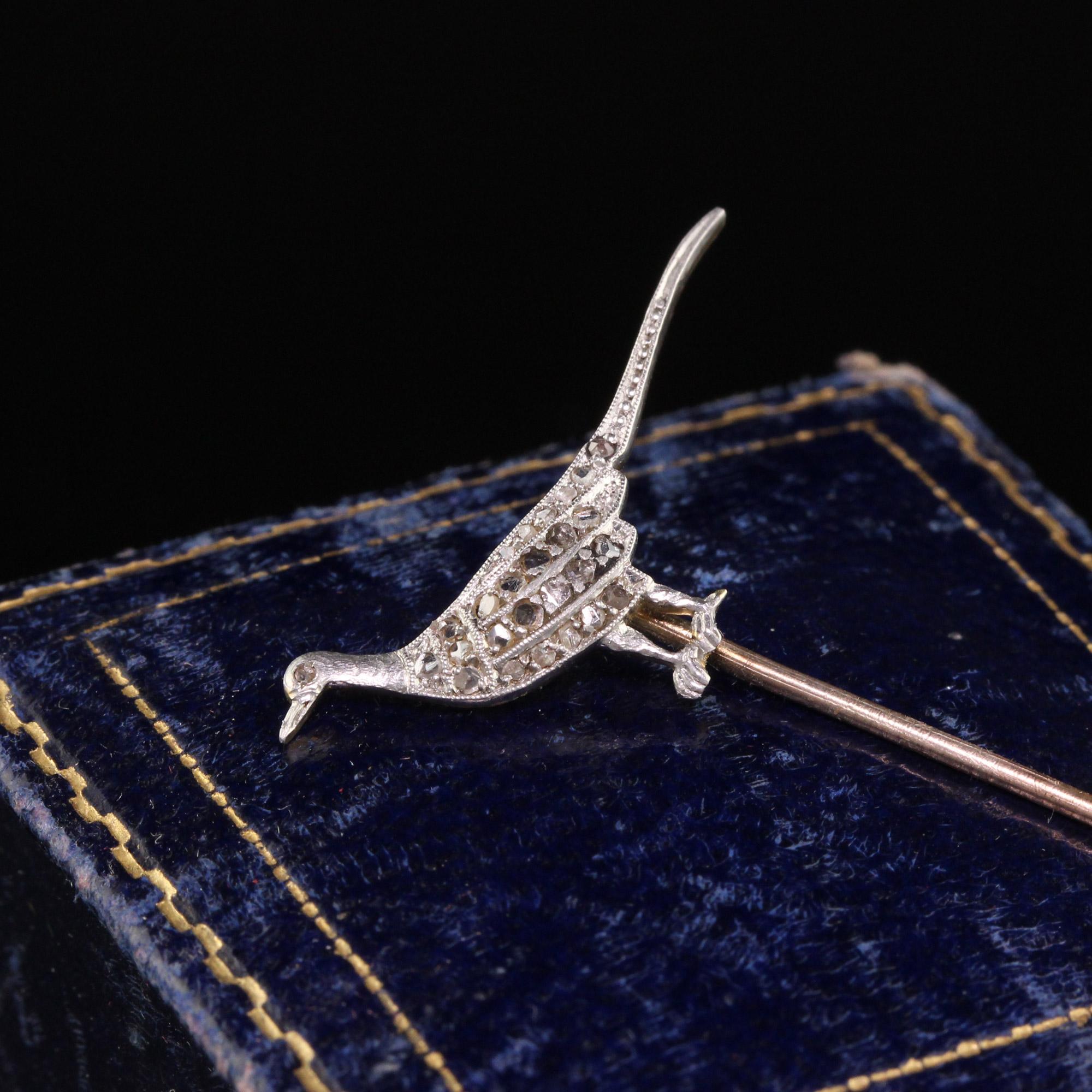 Antique Edwardian 18k Yellow Gold Platinum Top Rose Cut Diamond Bird Stick Pin 1