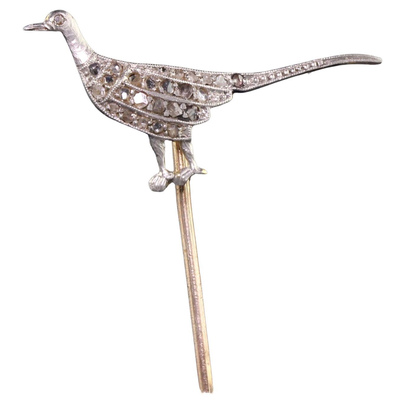 Antique Edwardian 18k Yellow Gold Platinum Top Rose Cut Diamond Bird Stick Pin