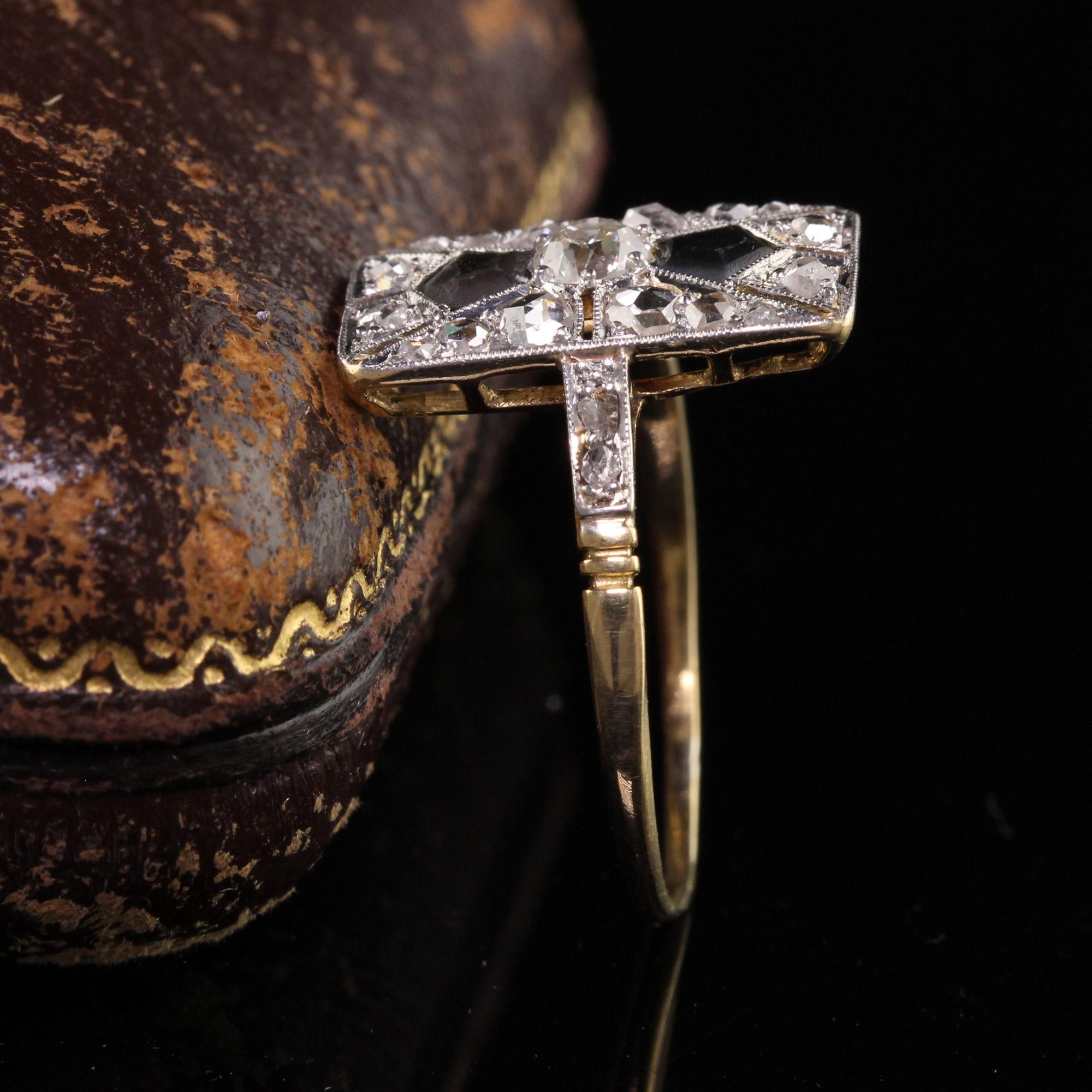 Old European Cut Antique Edwardian 18K Yellow Gold Platinum Top Rose Cut Diamond Onyx Ring