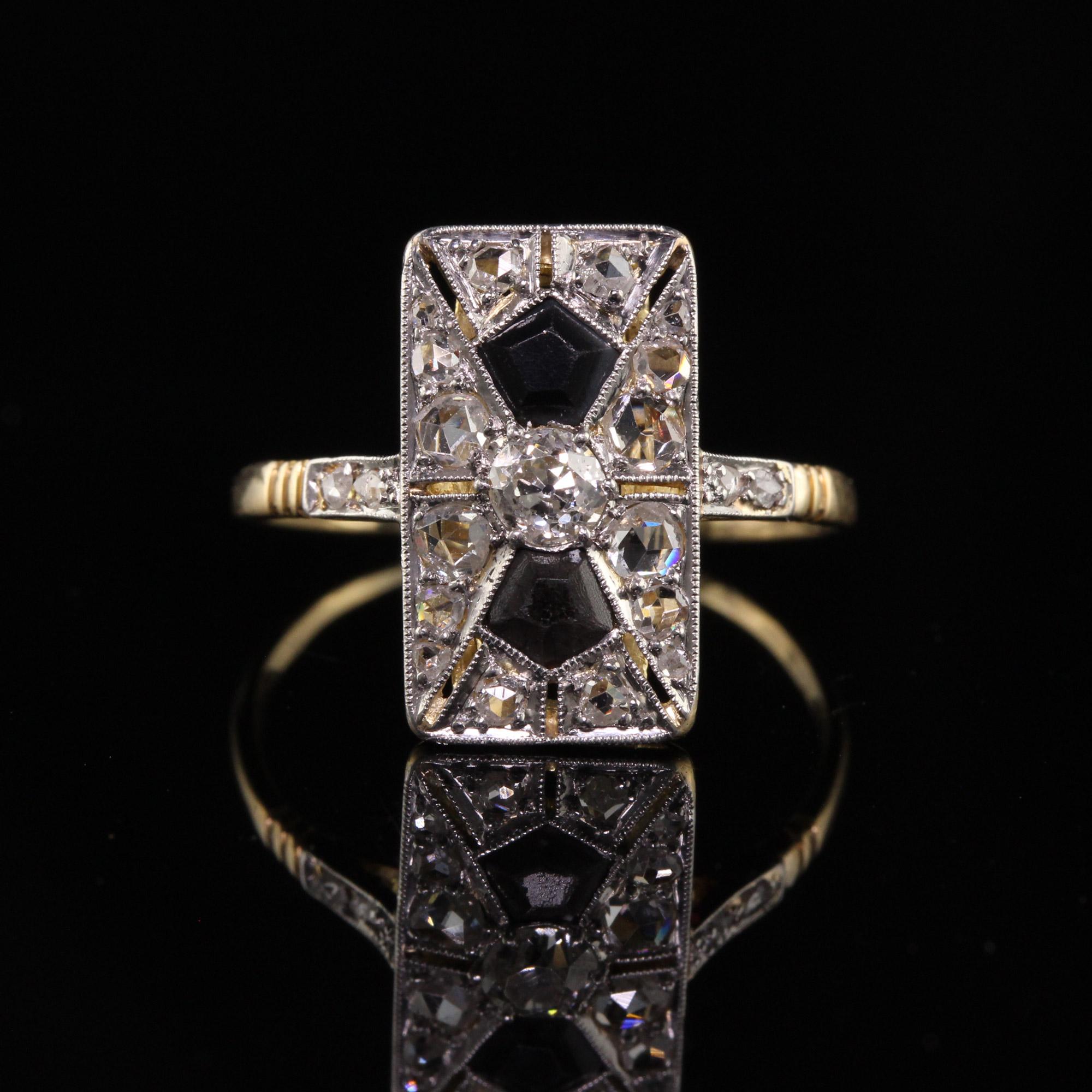 Women's Antique Edwardian 18K Yellow Gold Platinum Top Rose Cut Diamond Onyx Ring