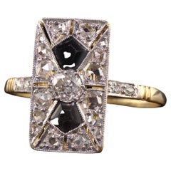 Antique Edwardian 18K Yellow Gold Platinum Top Rose Cut Diamond Onyx Ring