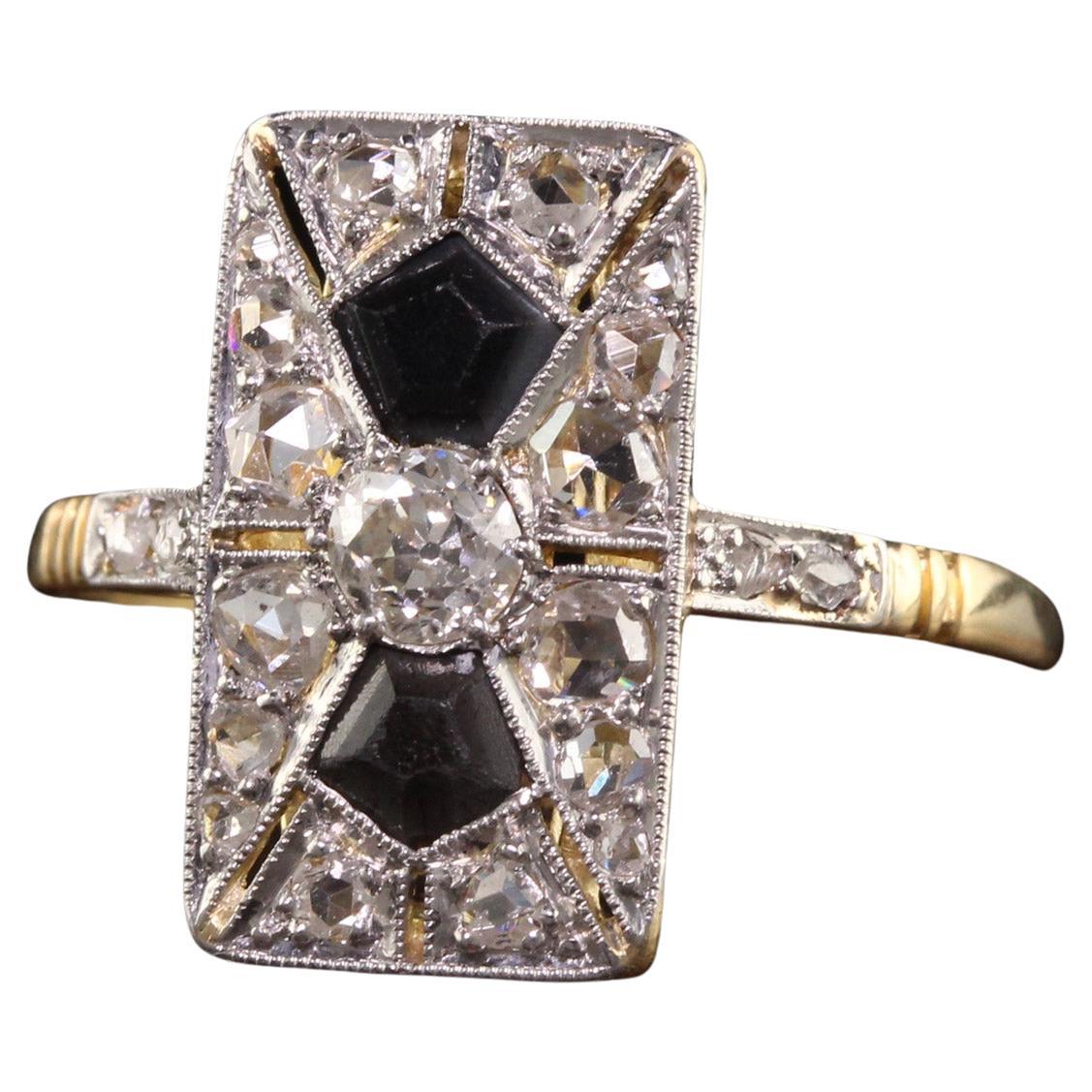Antique Edwardian 18K Yellow Gold Platinum Top Rose Cut Diamond Onyx Ring