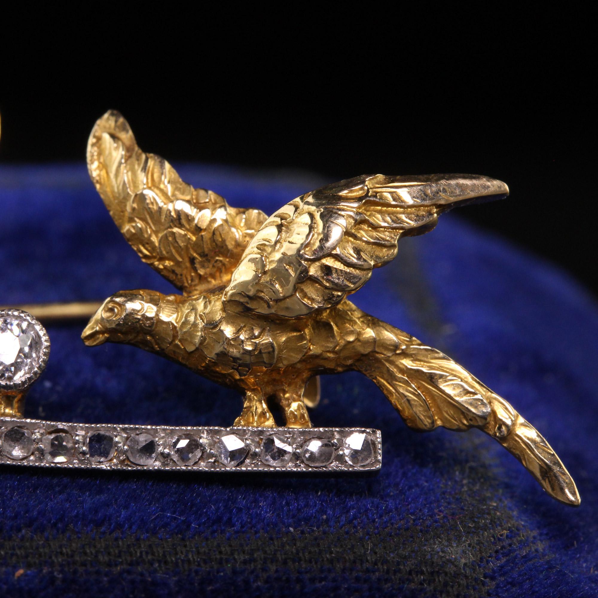 Women's or Men's Antique Edwardian 18k Yellow Gold Platinum Top Rose Cut Double Bird Pin For Sale